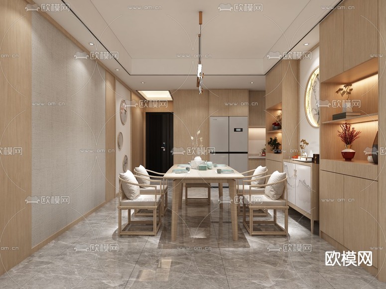 新中式客餐厅免费3d模型下载_ID12197750_3dmax免费模型-欧模网