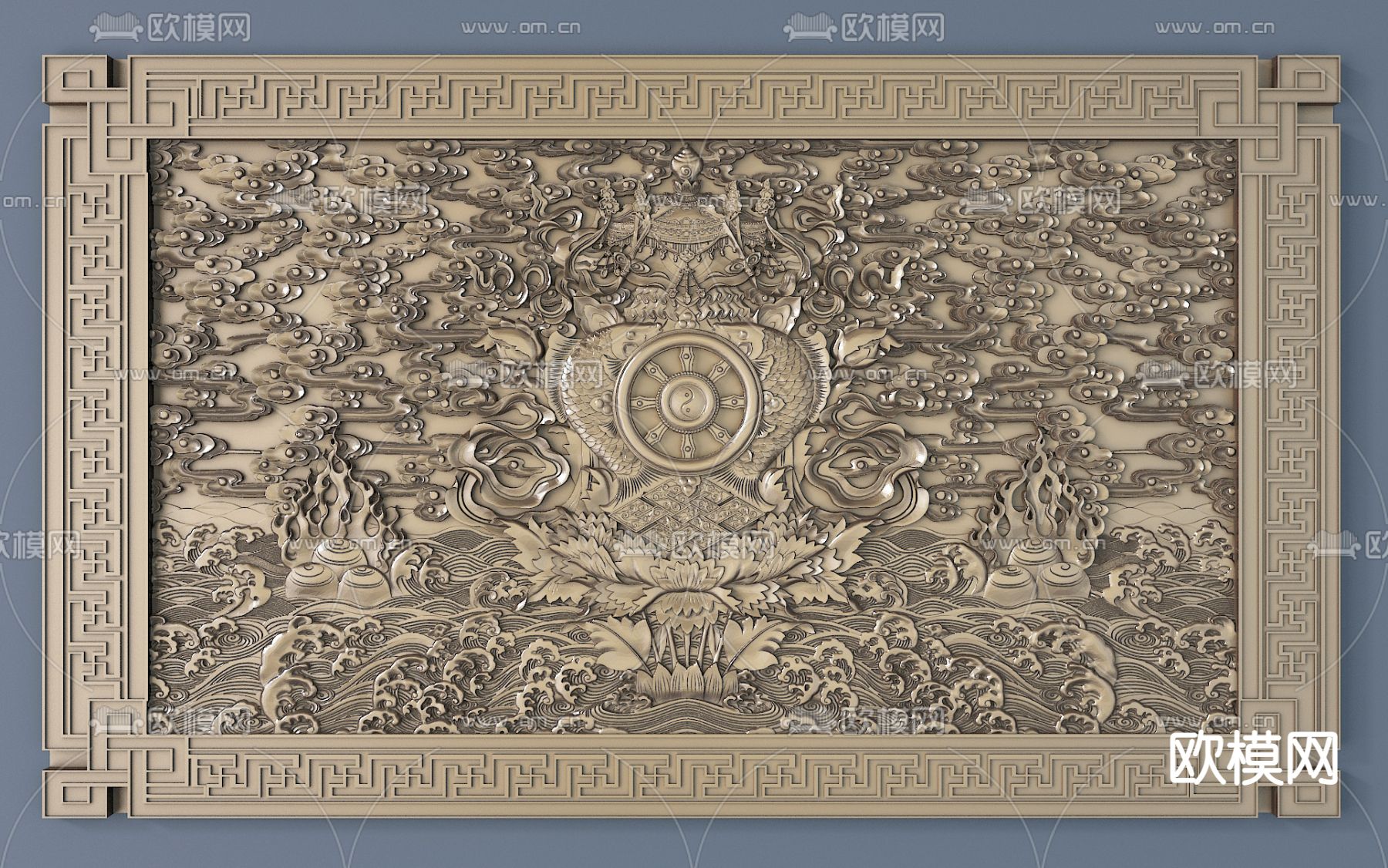 藏式八宝鱼金属雕花3d模型下载