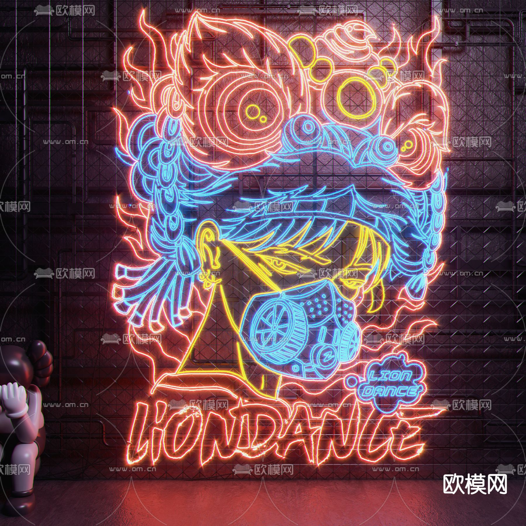 现代国潮霓虹灯su模型下载（渲染图1）