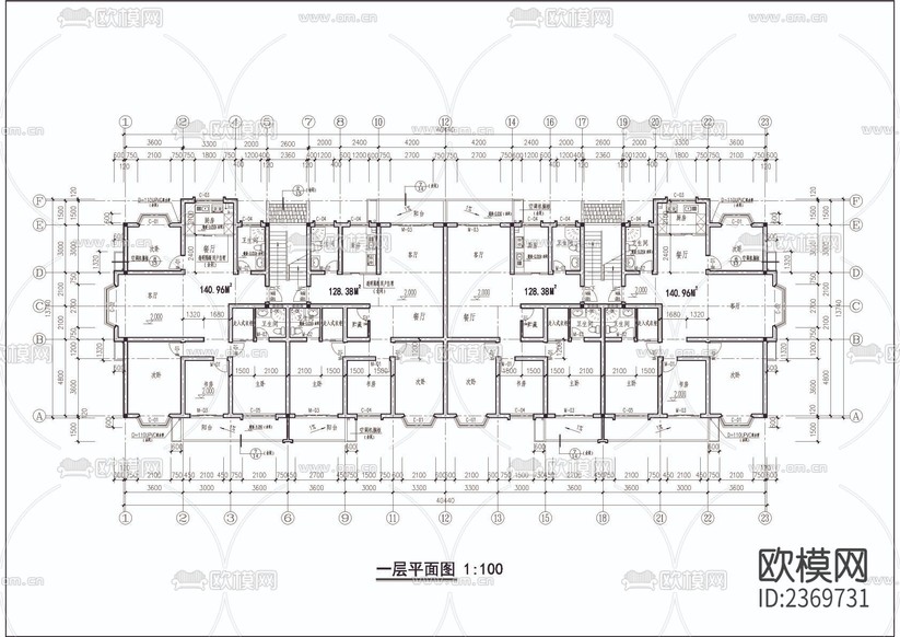 多層公寓建筑CAD施工圖下載(渲染圖3)