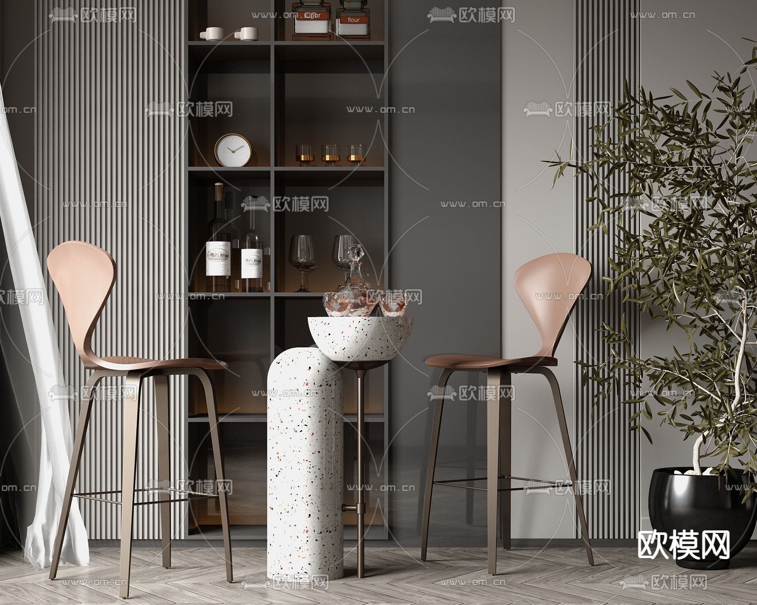 轻奢圆形吧台 吧椅3d模型下载