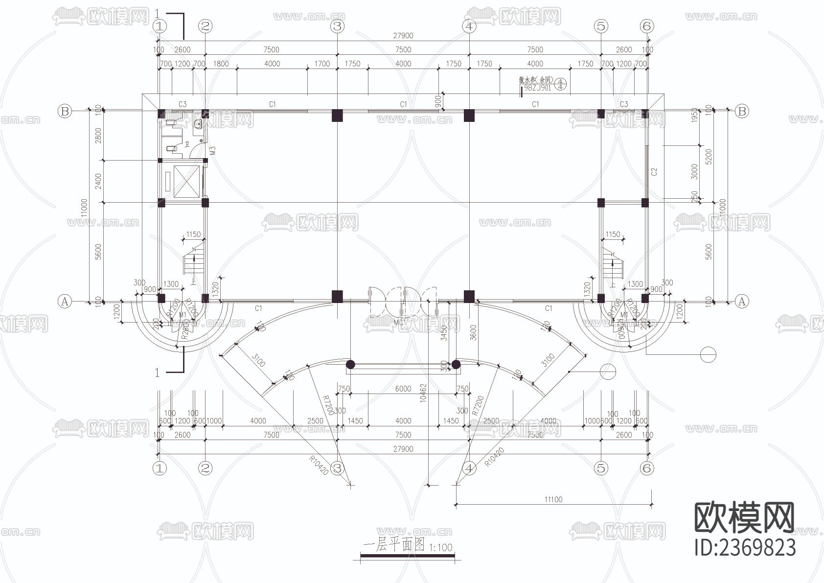 办公楼CAD施工图下载（渲染图3）