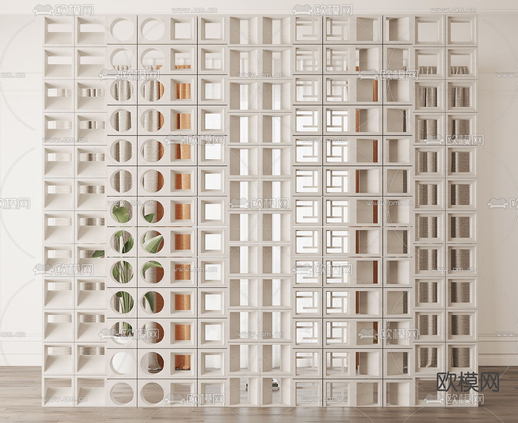 侘寂风镂空水泥砖屏风 隔断su模型下载（渲染图1）