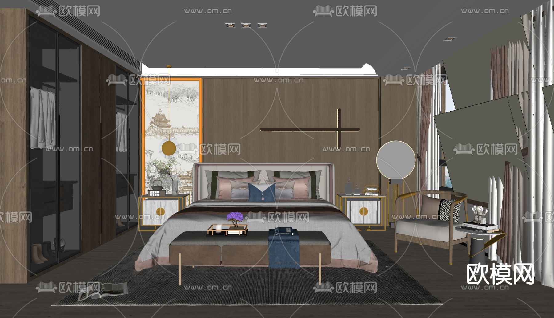 新中式卧室 主人房su模型下载（渲染图2）