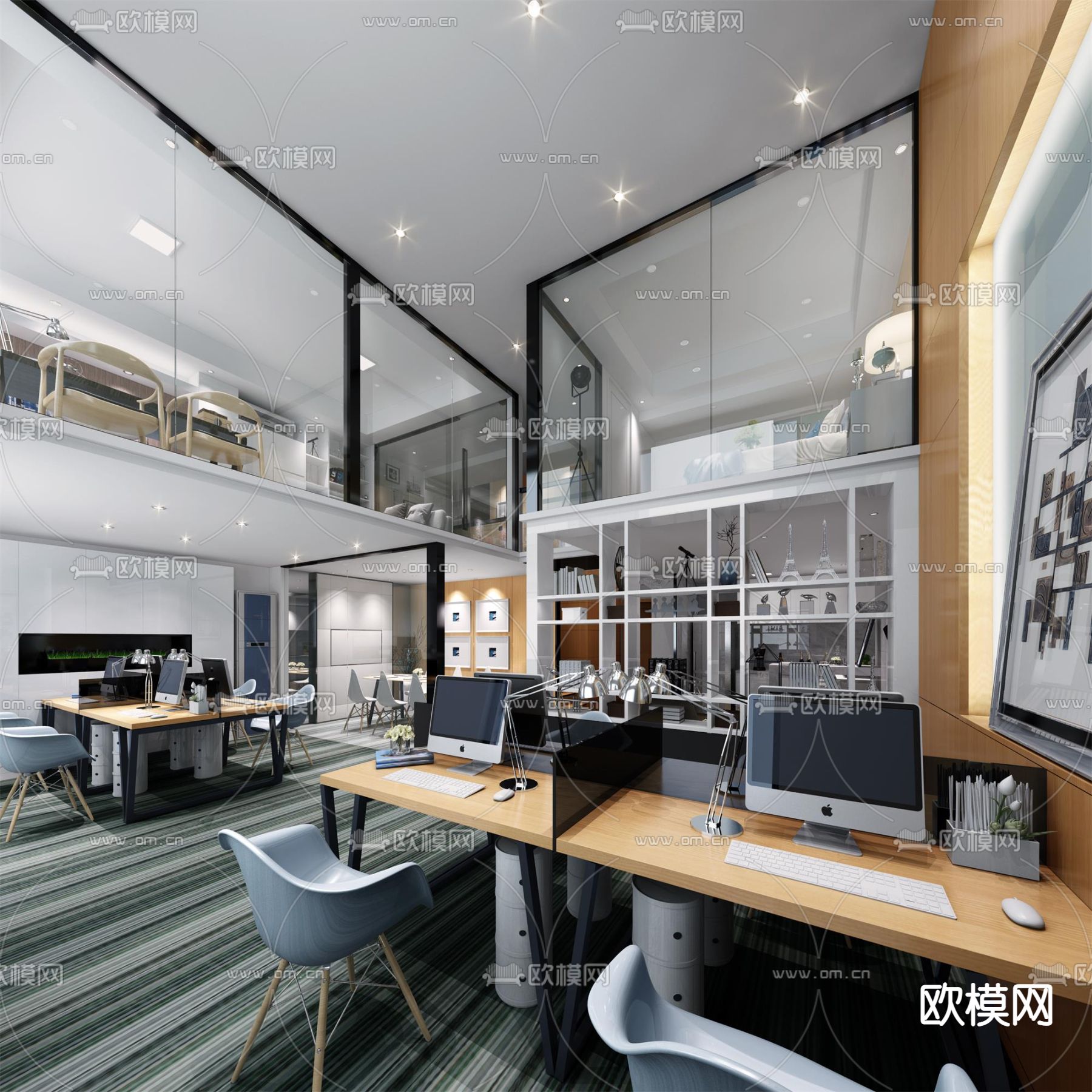 现代复式公共办公区su模型下载（渲染图1）