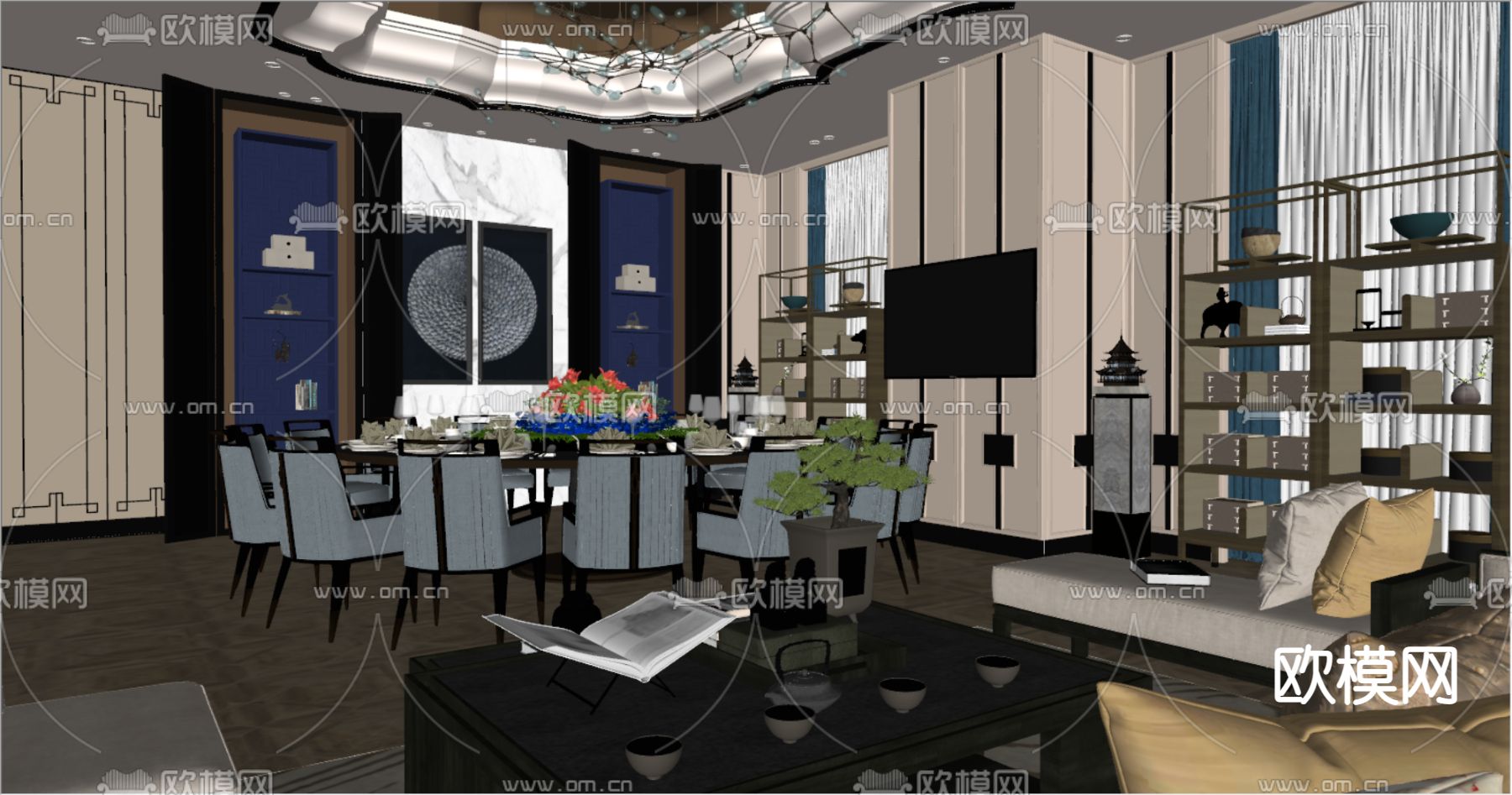 新中式餐厅su模型下载（渲染图2）