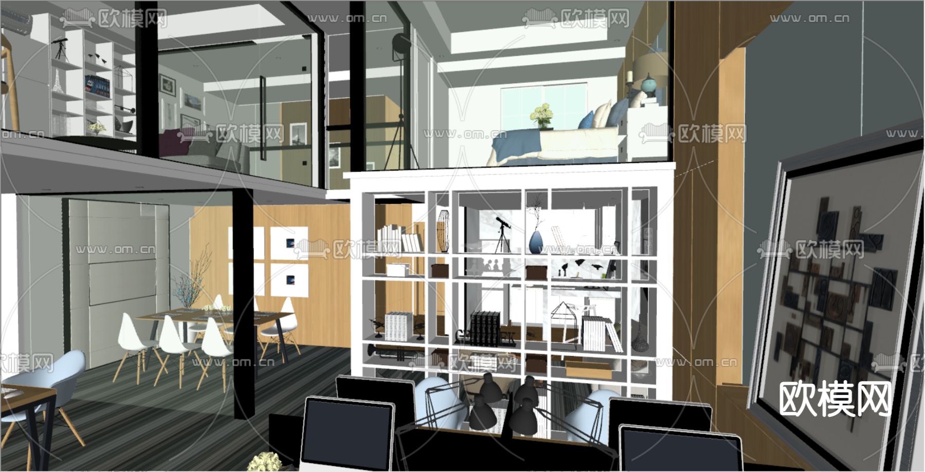 现代复式公共办公区su模型下载（渲染图2）