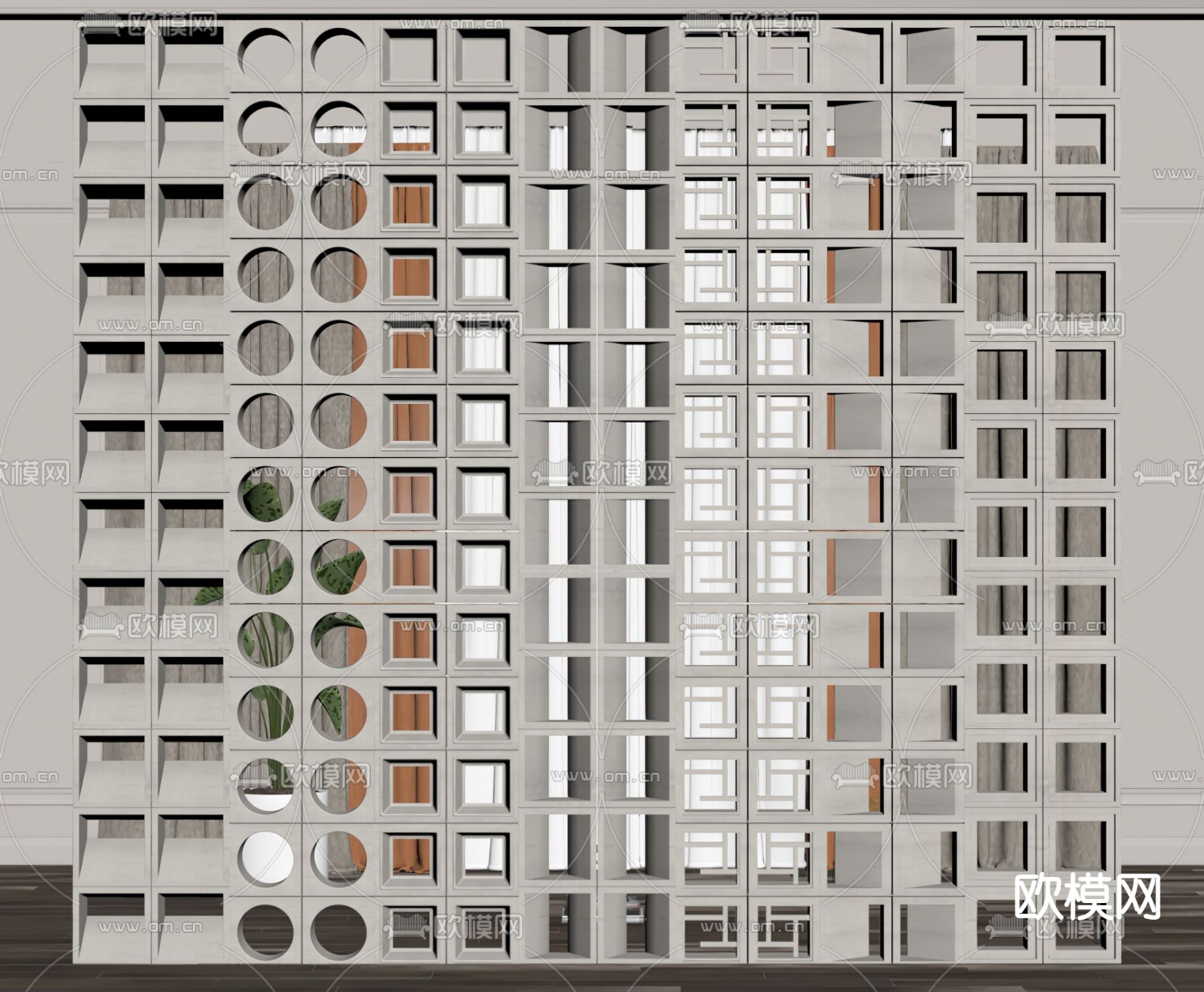 侘寂风镂空水泥砖屏风 隔断su模型下载（渲染图2）