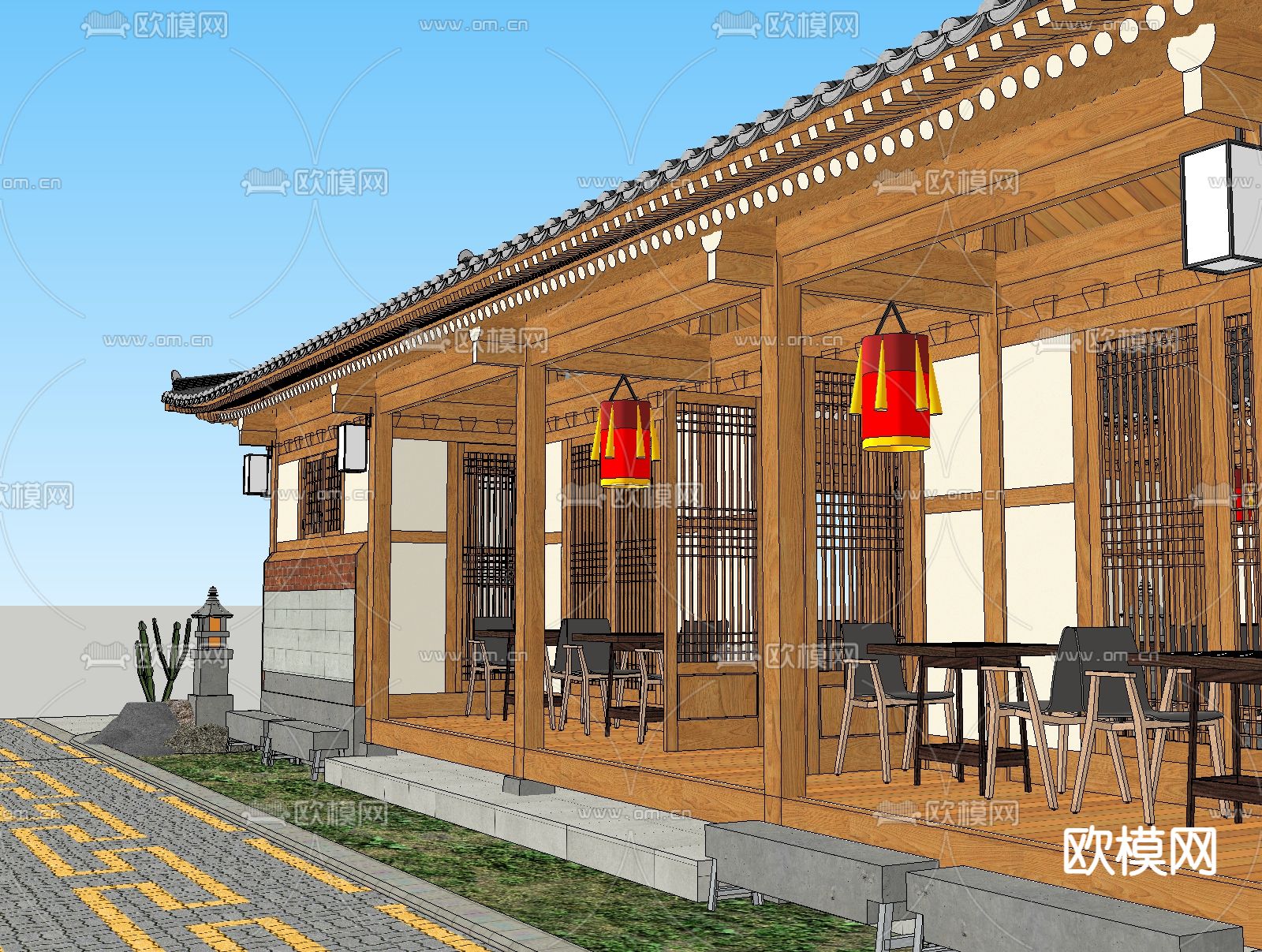 中式商业民宿外观su模型下载（渲染图3）