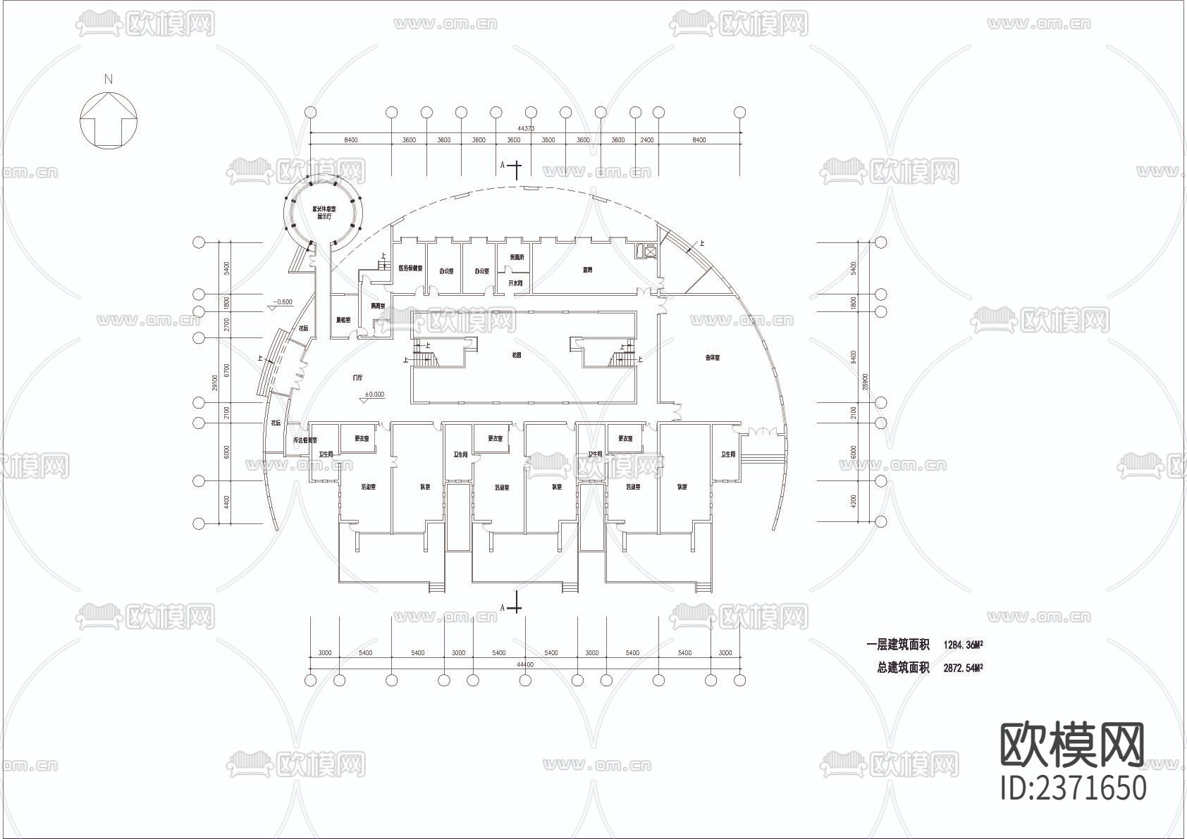 半圆形幼儿园CAD施工图下载（渲染图3）