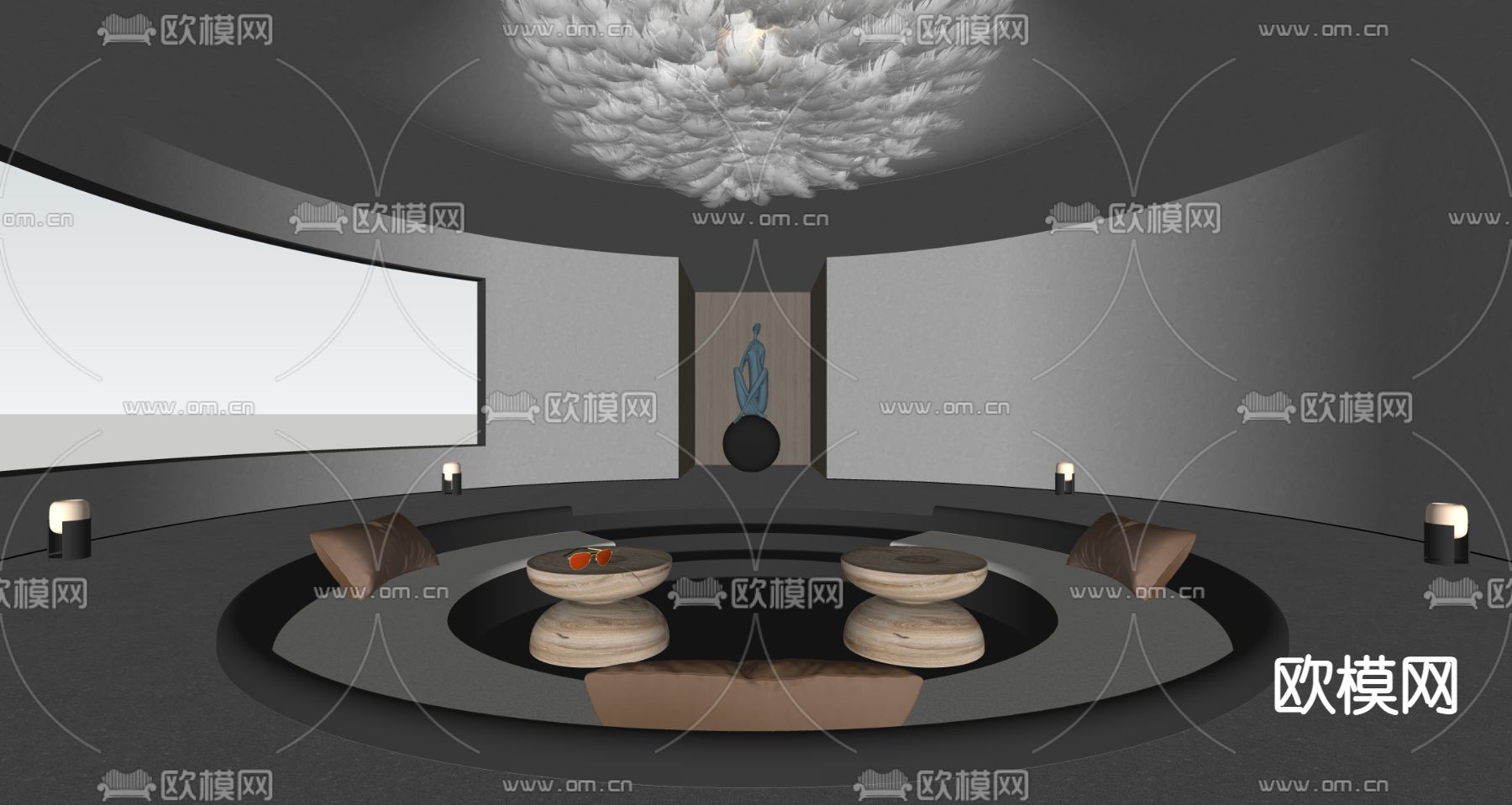 高级灰圆形别墅客厅su模型下载（渲染图2）