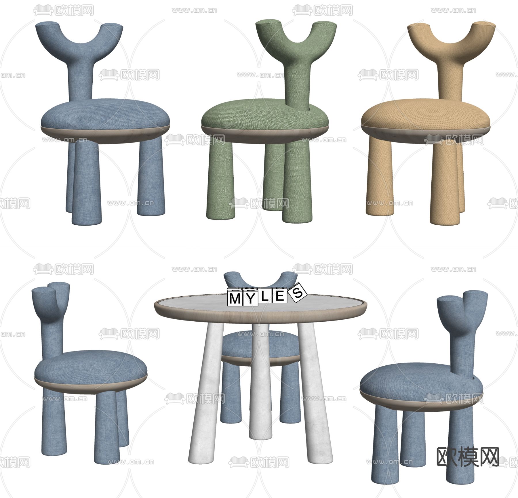 Flow 儿童桌椅 羊角椅su模型