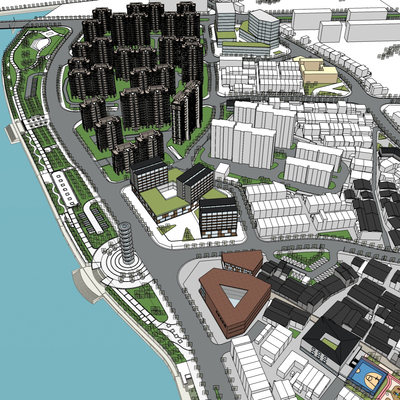  现代住宅小区鸟瞰su模型 