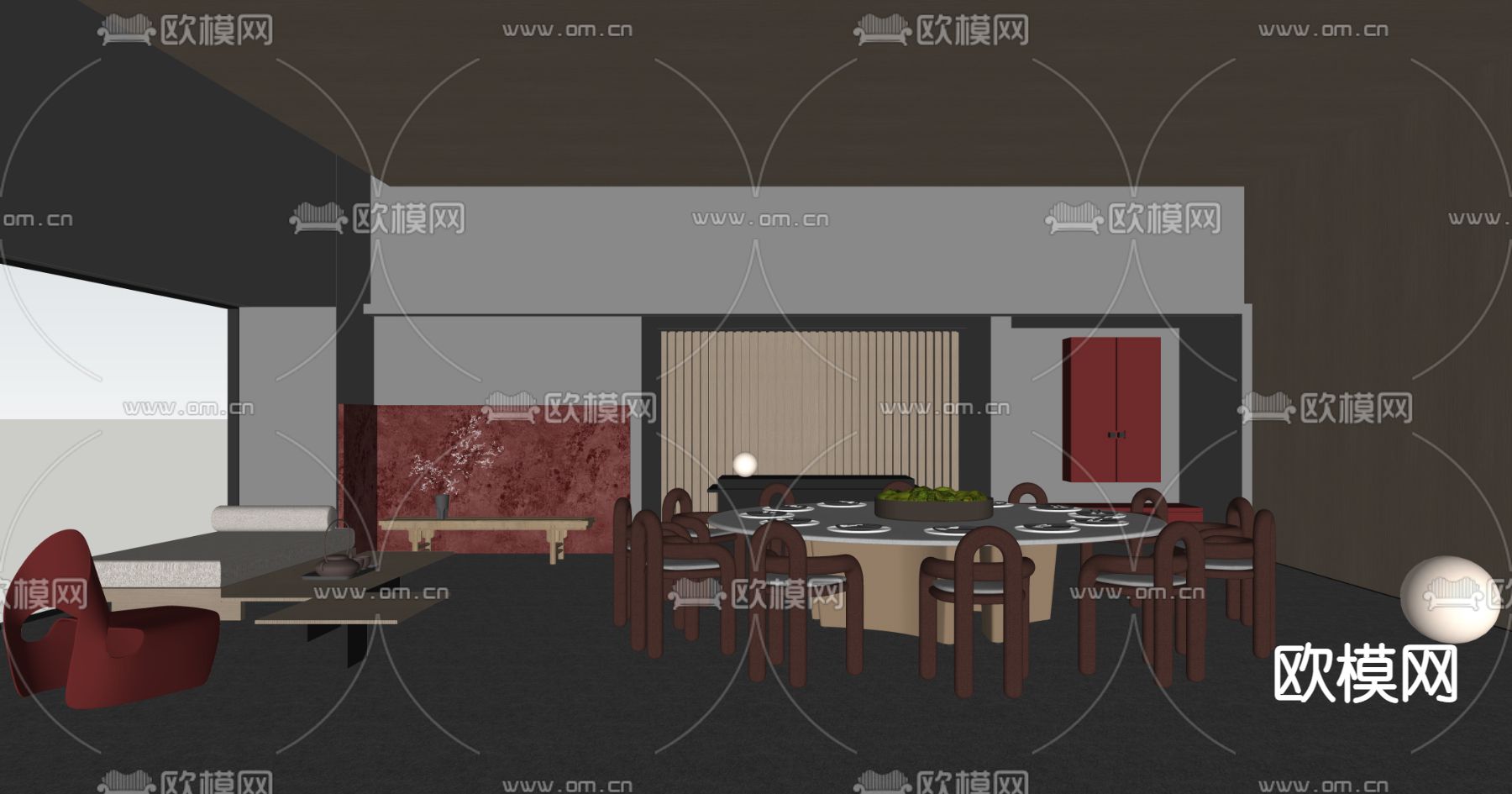 暗黑风中餐厅包间 包房包厢su模型下载（渲染图2）