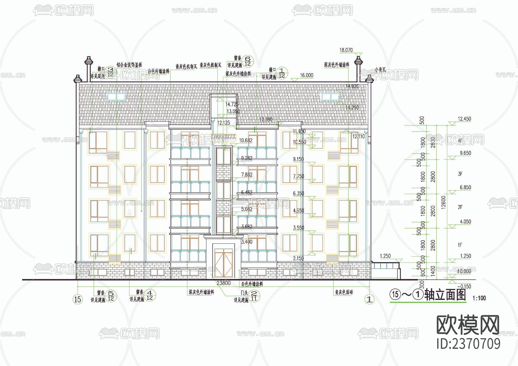 徽派风格五层住宅楼设计cad施工图下载（渲染图2）