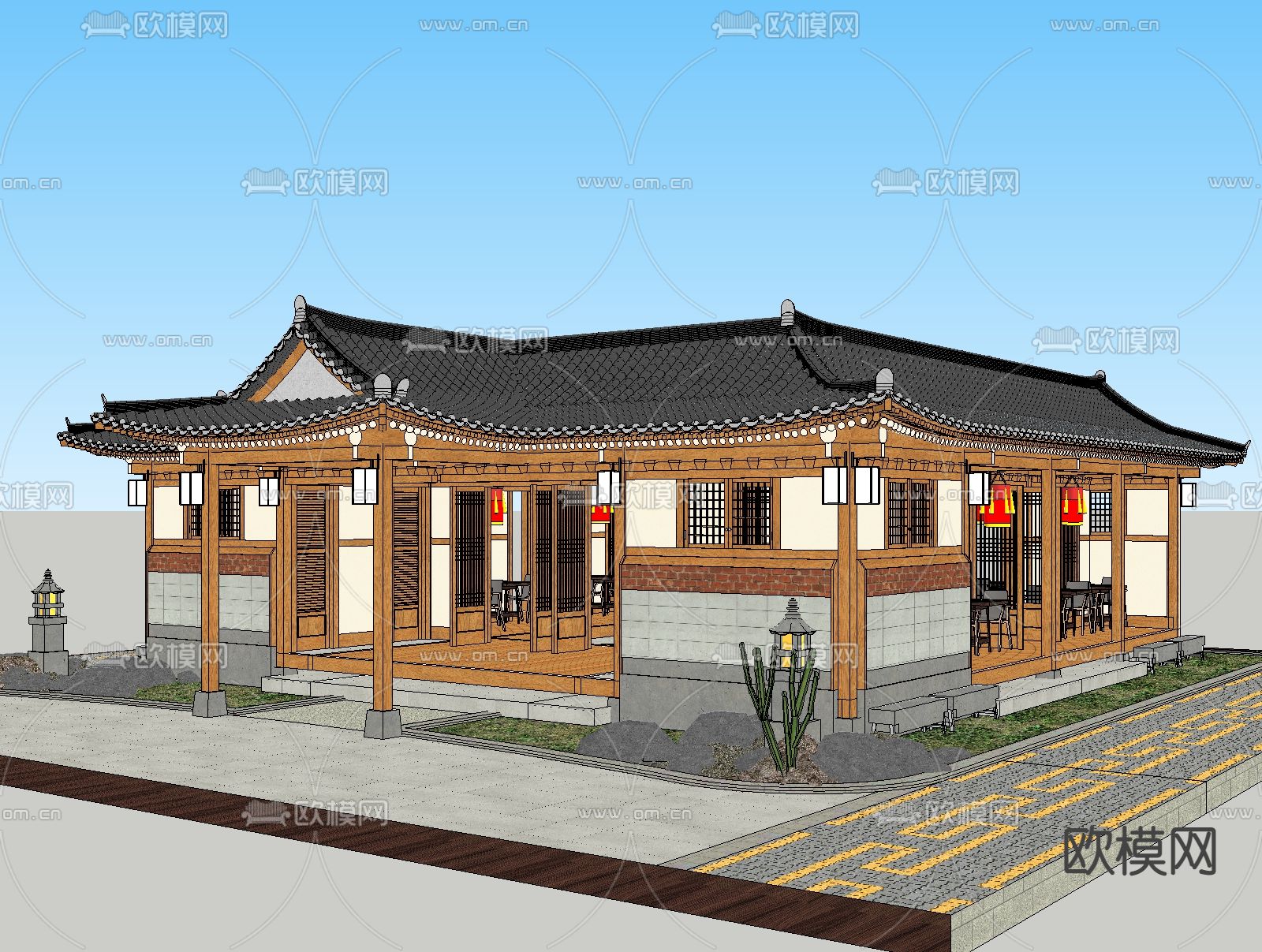 中式商业民宿外观su模型下载（渲染图1）