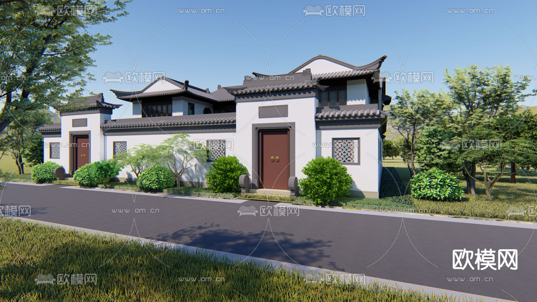 中式四合院别墅外观su模型下载（渲染图3）