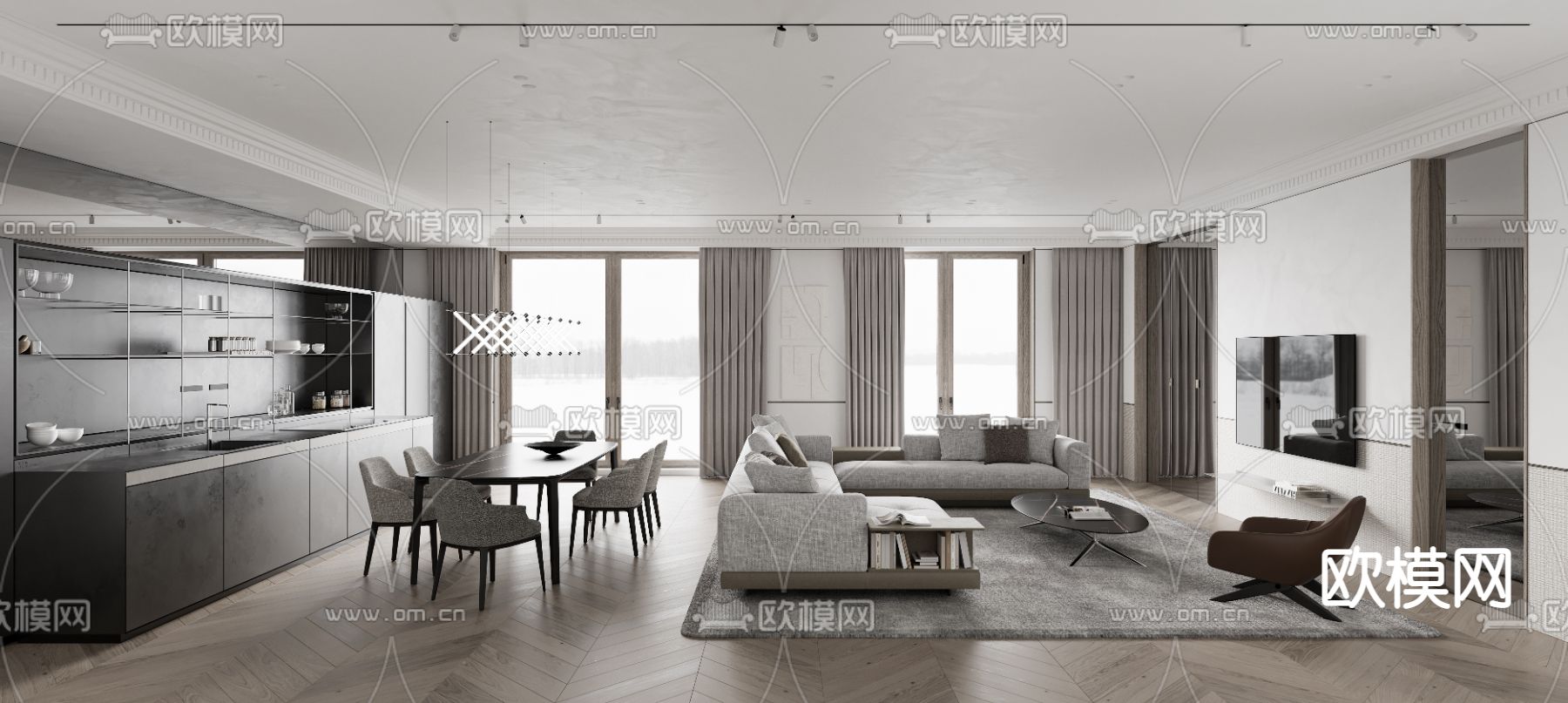 高级灰客厅餐厅3d模型下载（渲染图1）