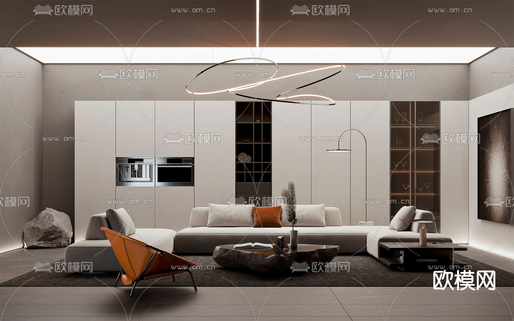 高级灰客厅su模型下载（渲染图1）