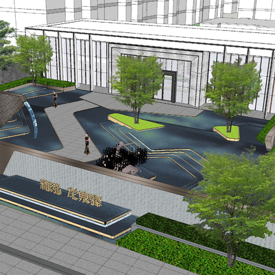  新中式售楼处鸟瞰su模型 