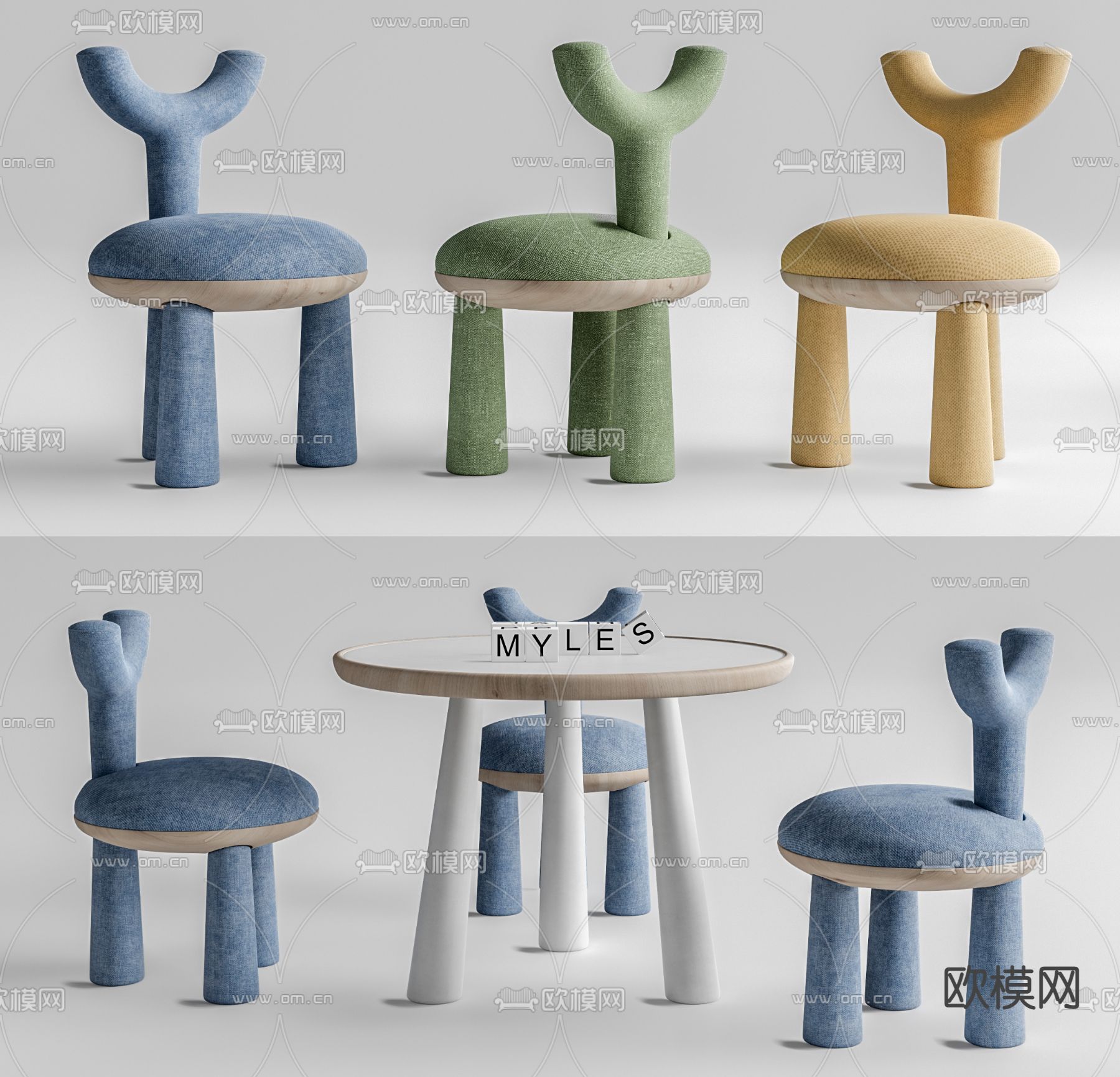 Flow 儿童桌椅 羊角椅su模型
