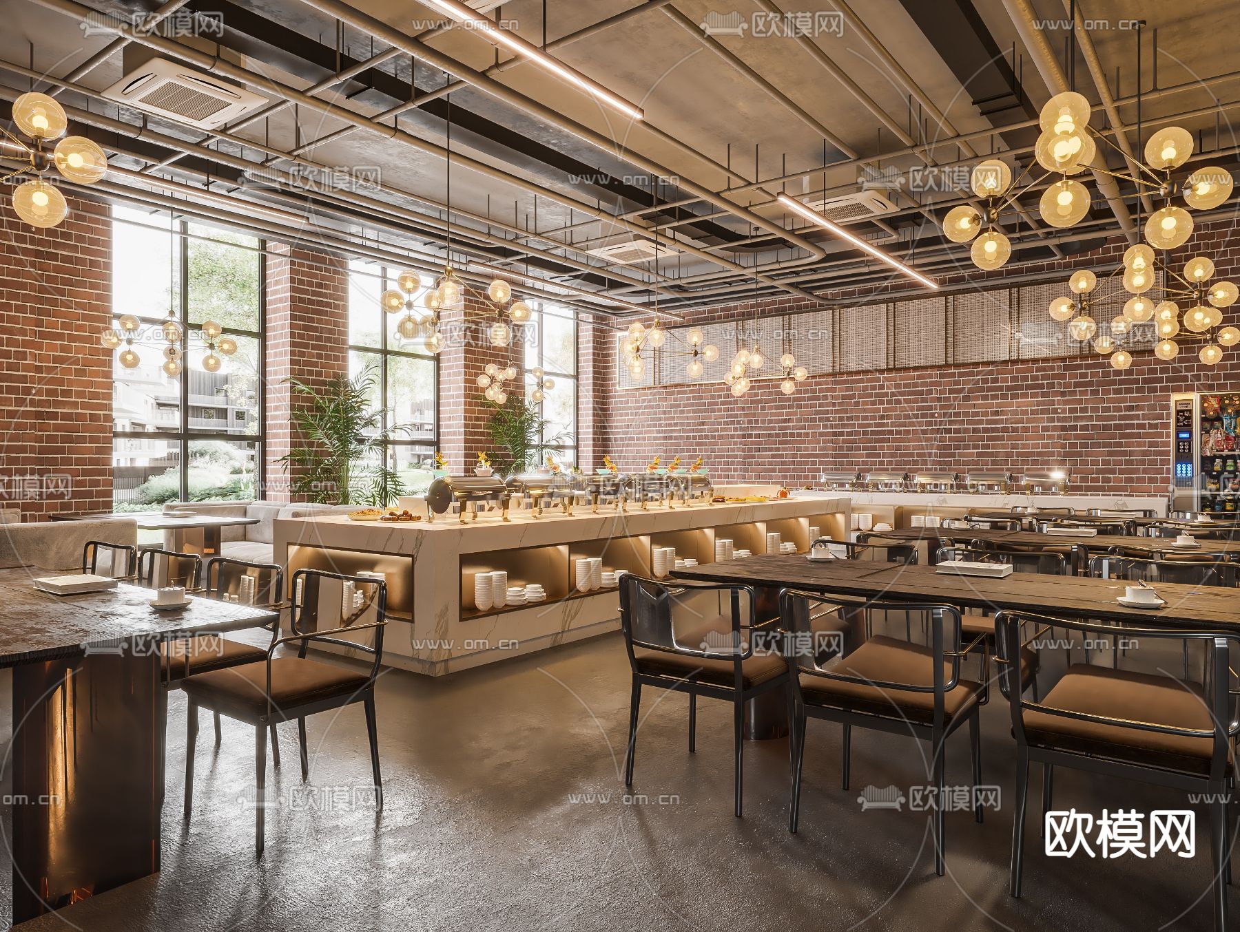 工业风自助餐厅su模型下载（渲染图1）