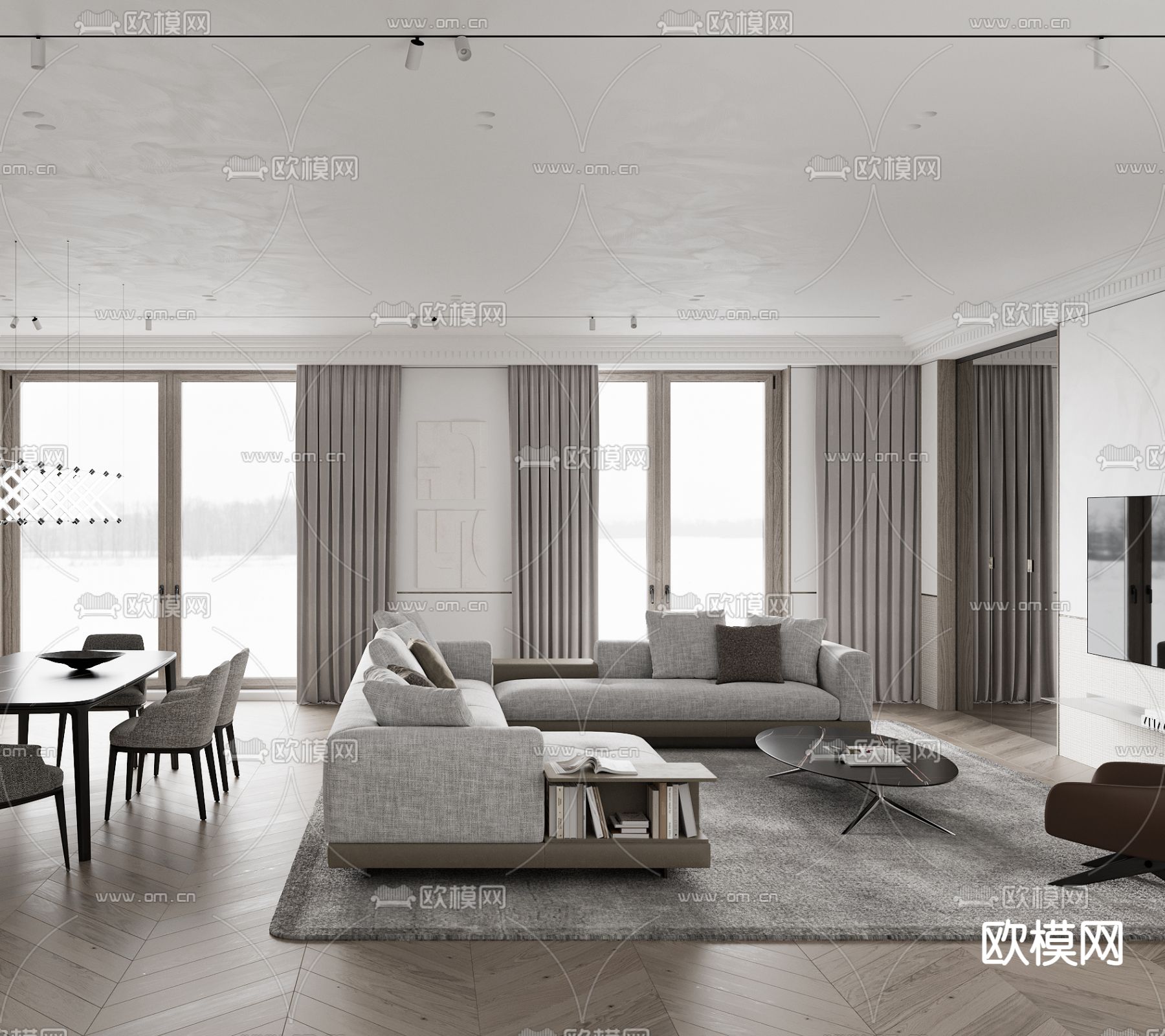 高级灰客厅餐厅3d模型下载（渲染图4）