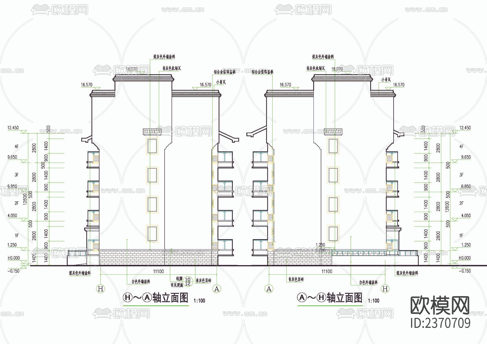 徽派风格五层住宅楼设计cad施工图下载（渲染图3）