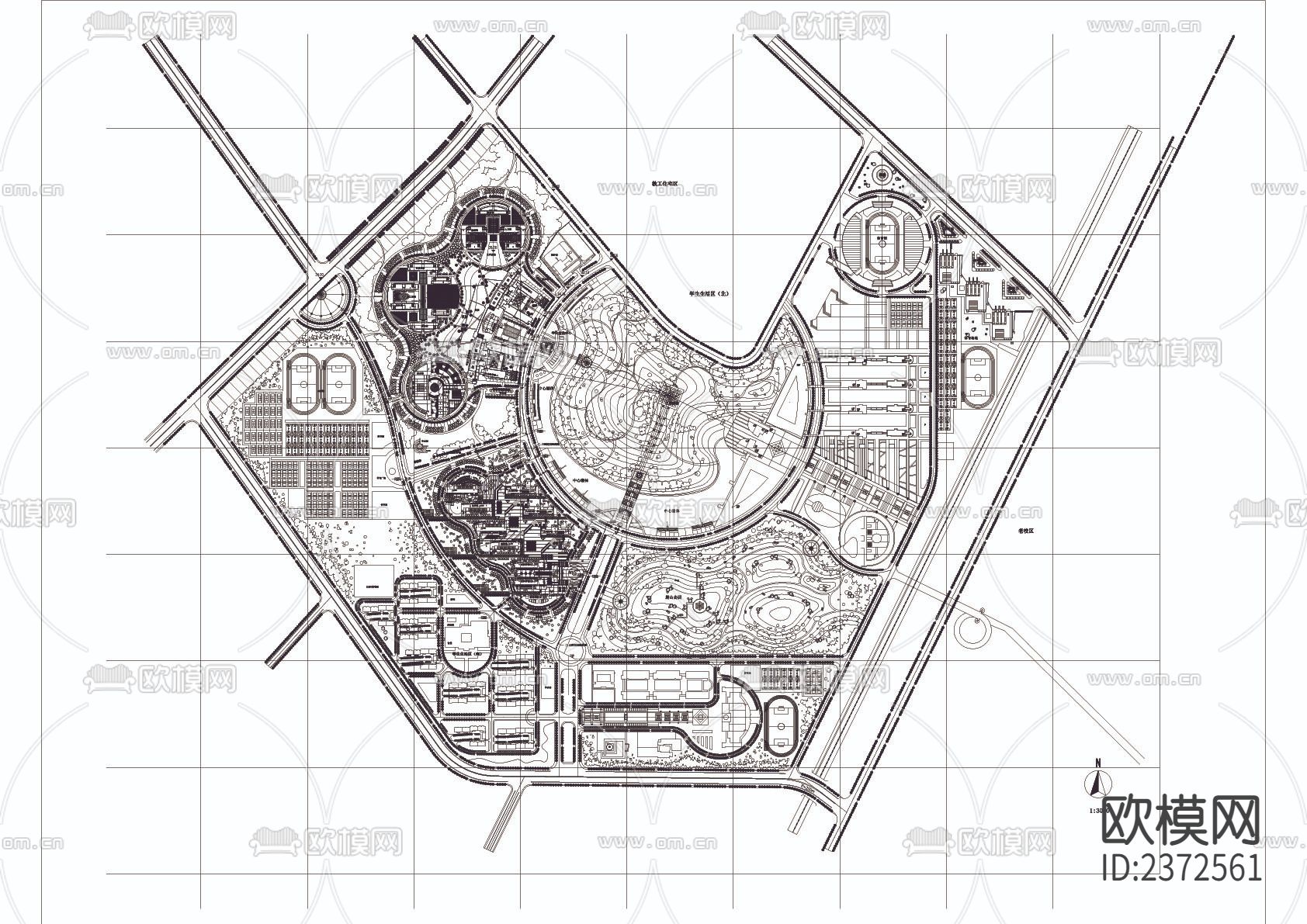 某大学新校区平面CAD施工图下载（渲染图1）