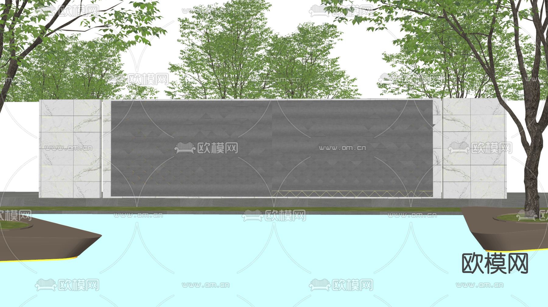 新中式户外景墙su模型下载（渲染图2）