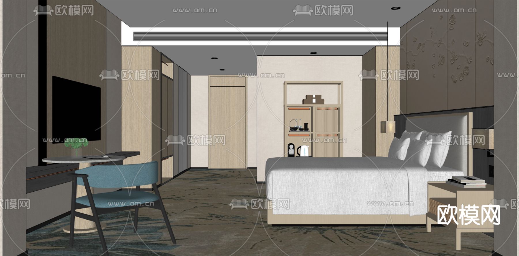 新中式酒店客房 大床房su模型下载（渲染图2）