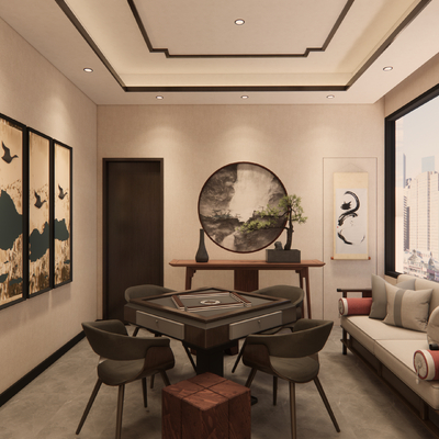  新中式麻将房 棋牌室su模型 