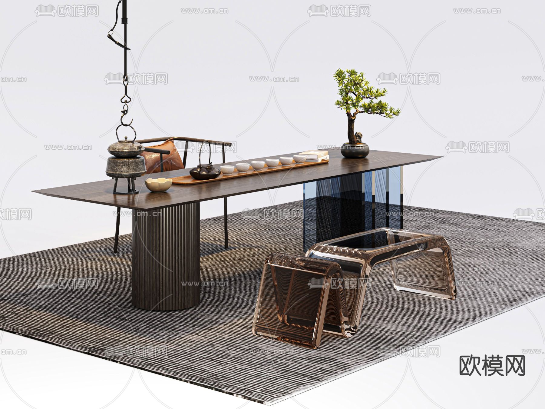 新中式茶桌椅3d模型下载（渲染图1）