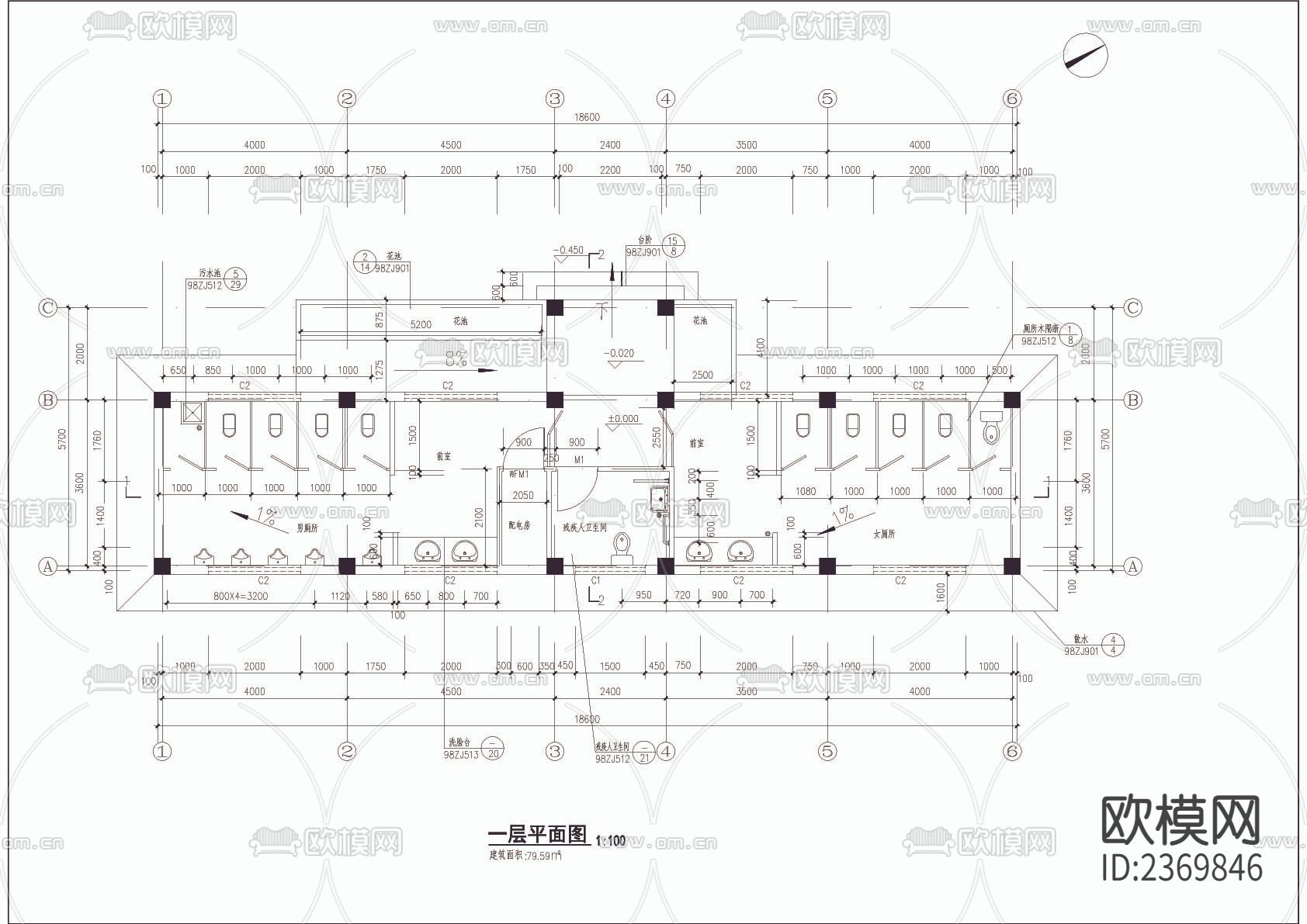 公园建筑厕所设计cad施工图下载（渲染图3）