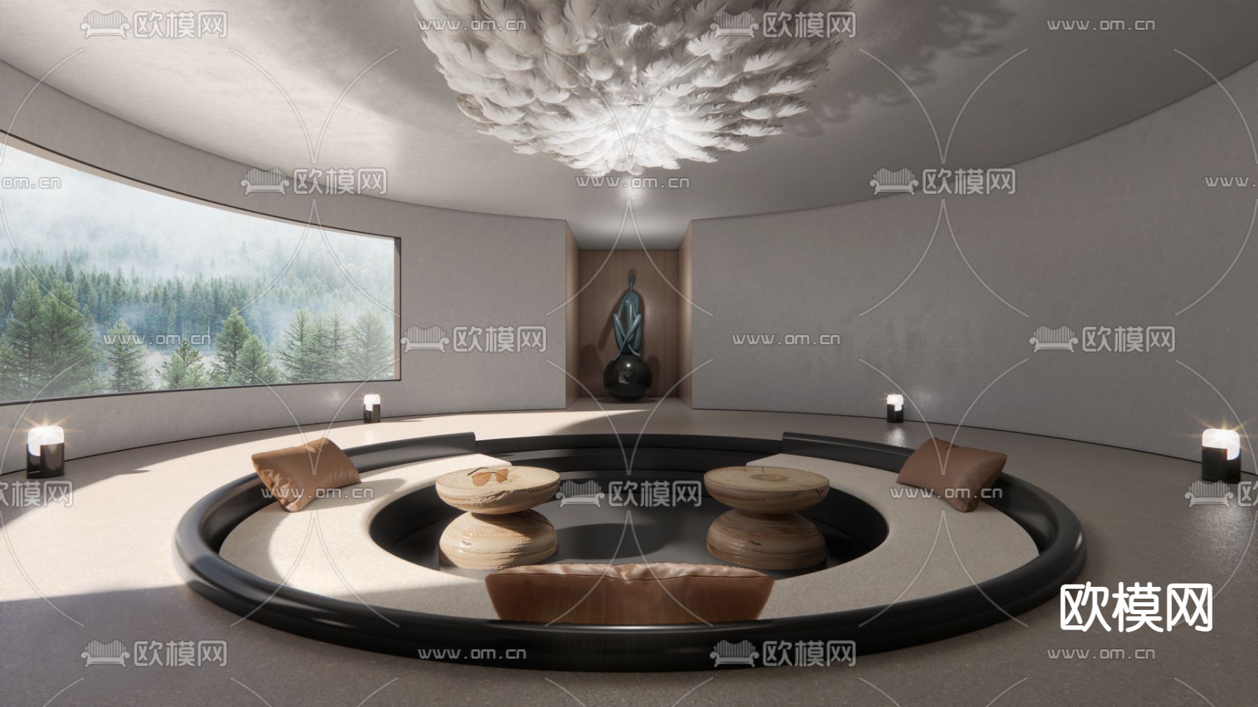 高级灰圆形别墅客厅su模型下载（渲染图1）