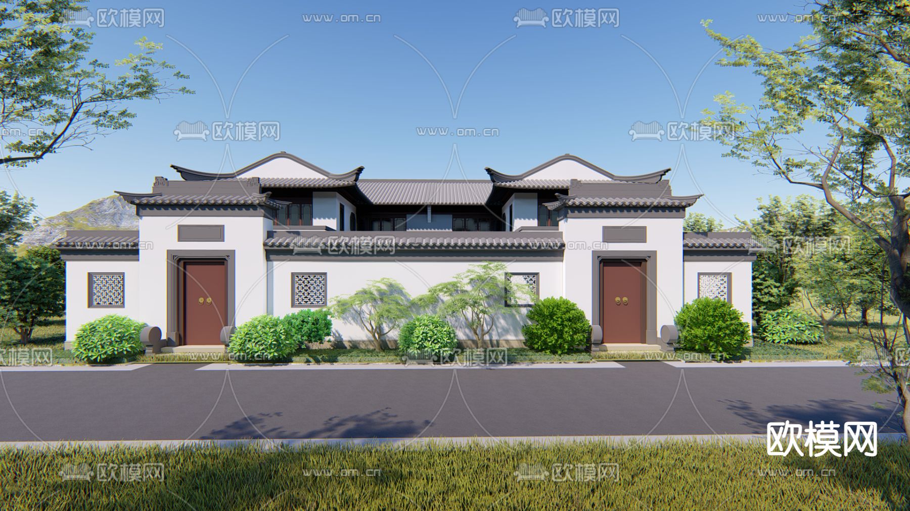 中式四合院别墅外观su模型下载（渲染图2）