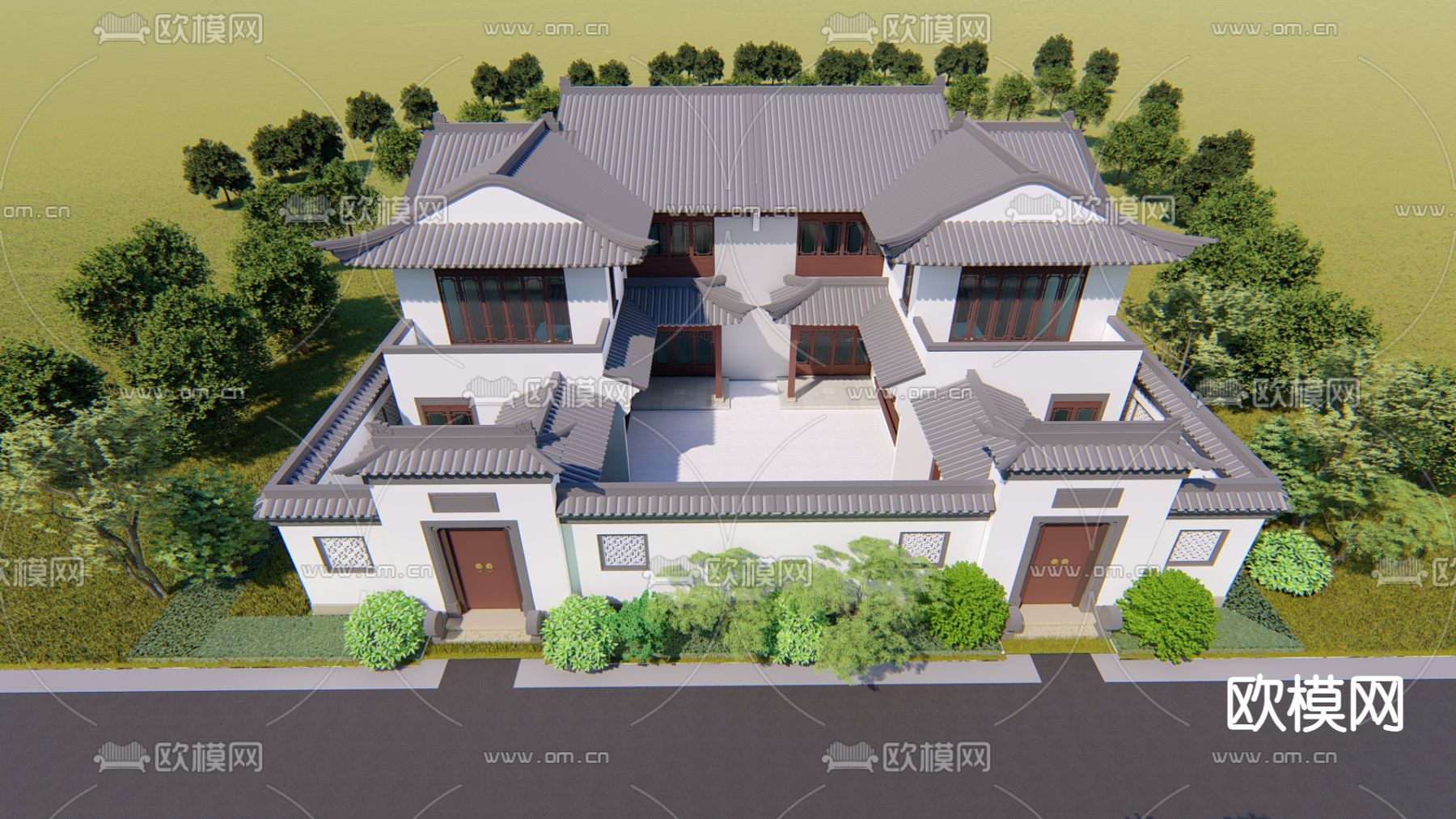 中式四合院别墅外观su模型下载（渲染图4）