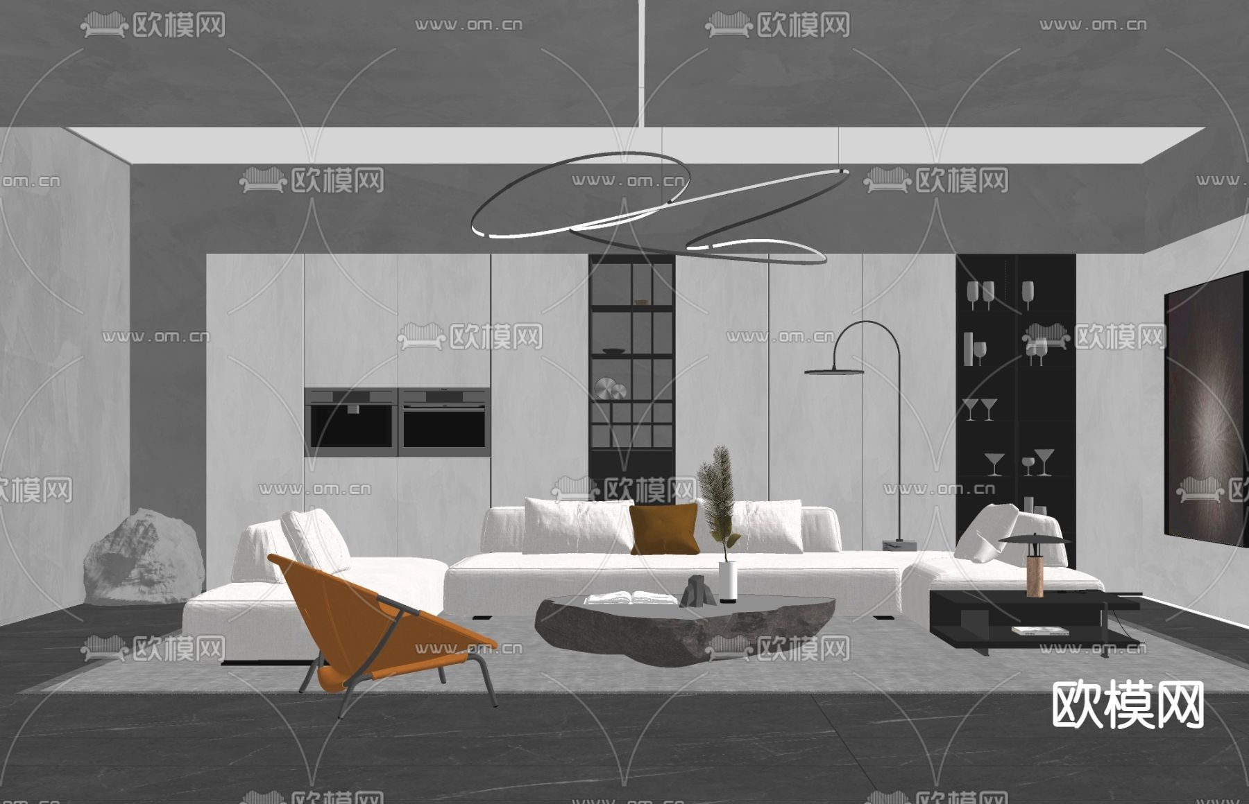 高级灰客厅su模型下载（渲染图2）