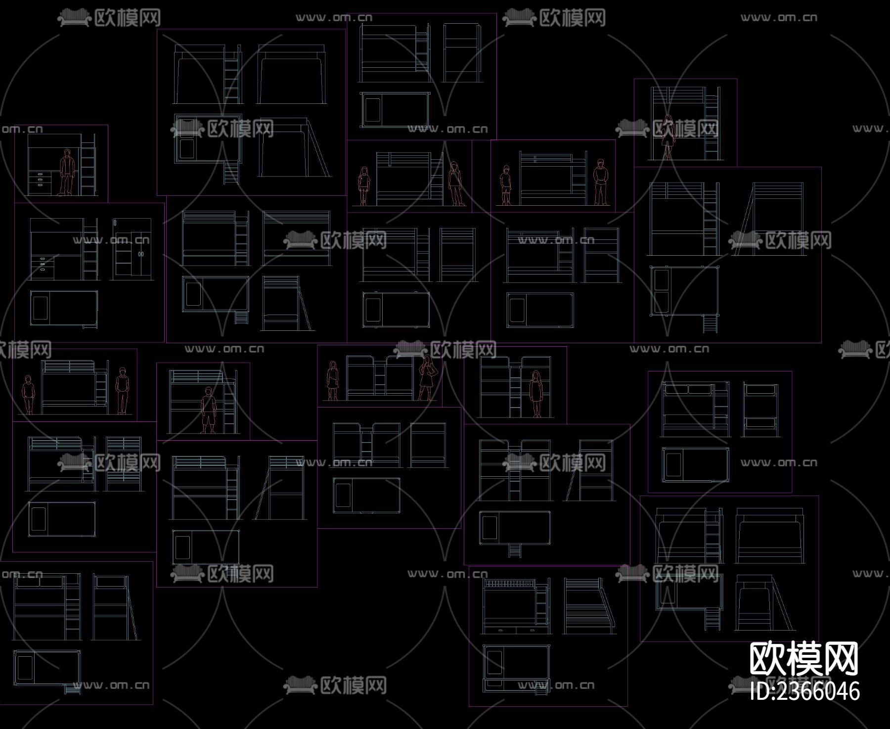 双层床cad图库下载（渲染图2）