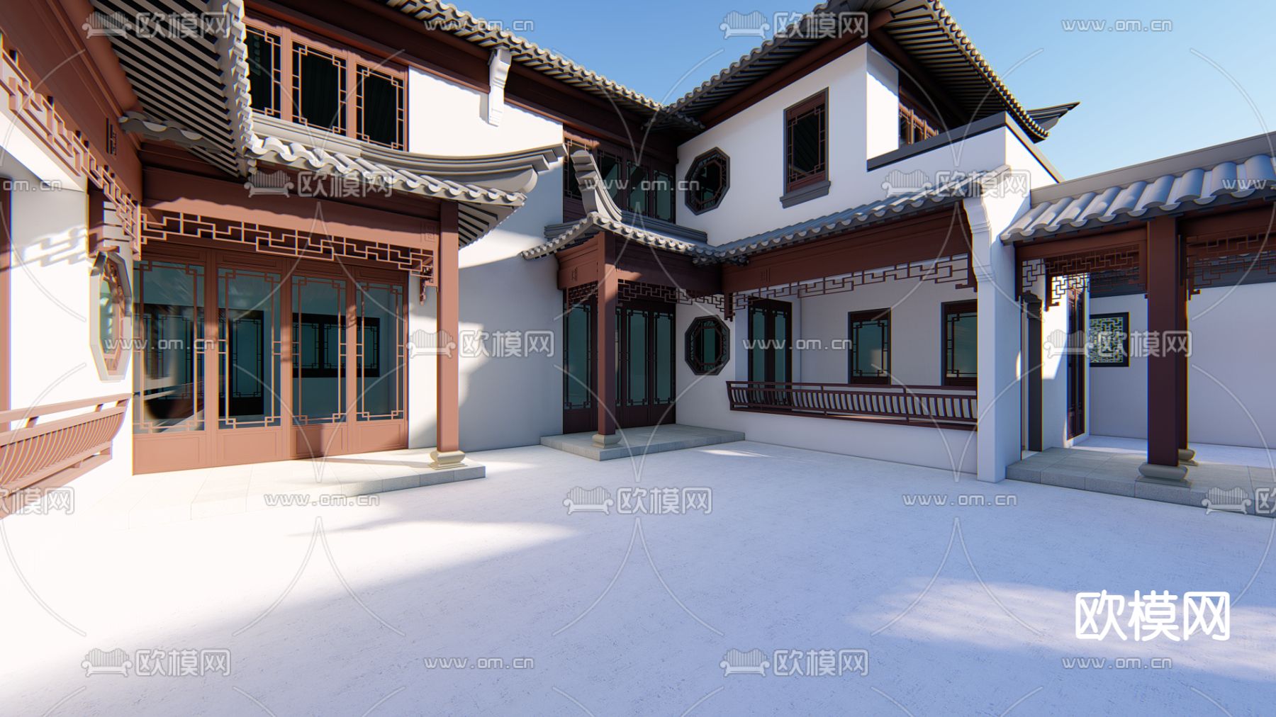 中式四合院别墅外观su模型下载（渲染图1）