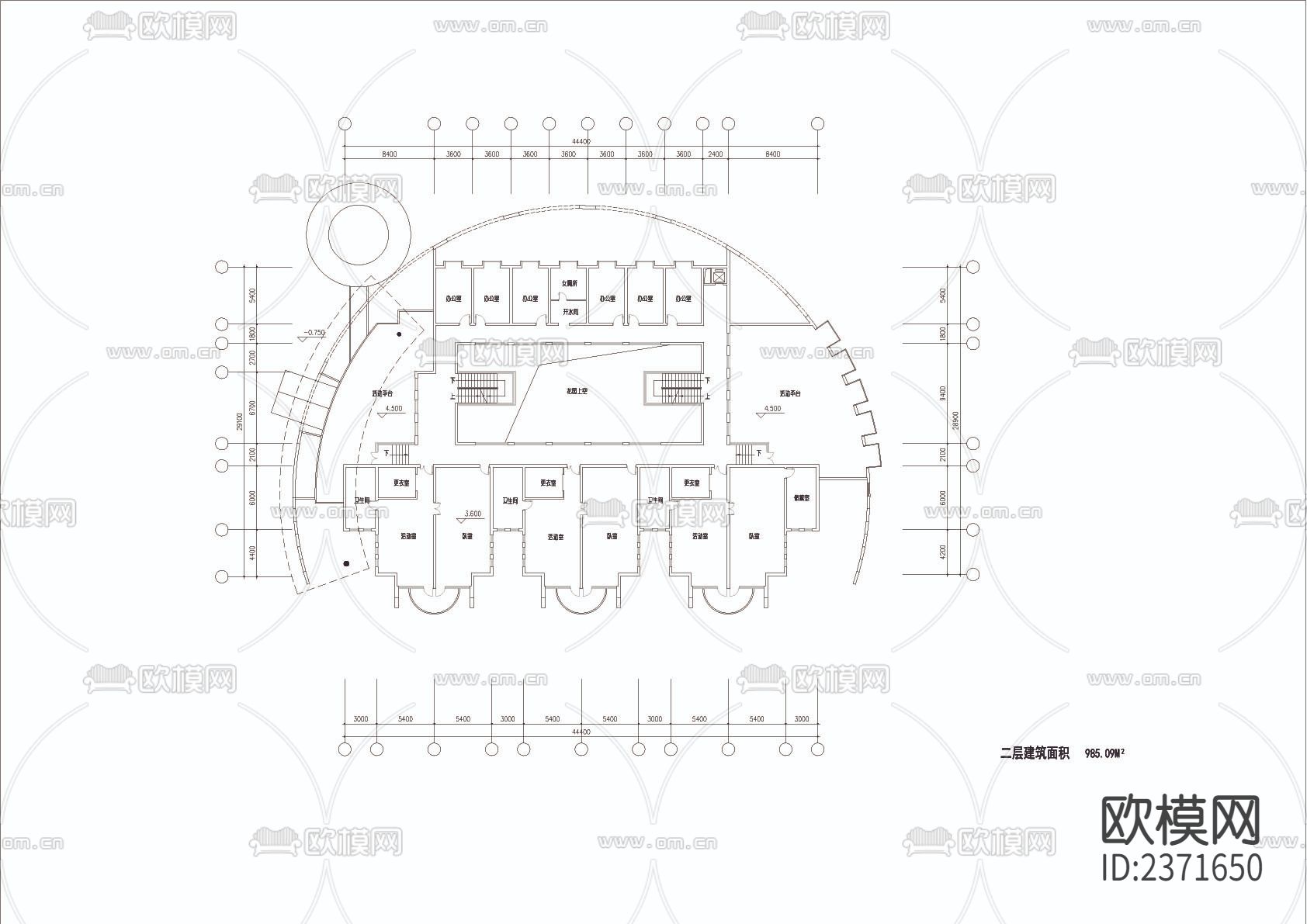 半圆形幼儿园CAD施工图下载（渲染图2）