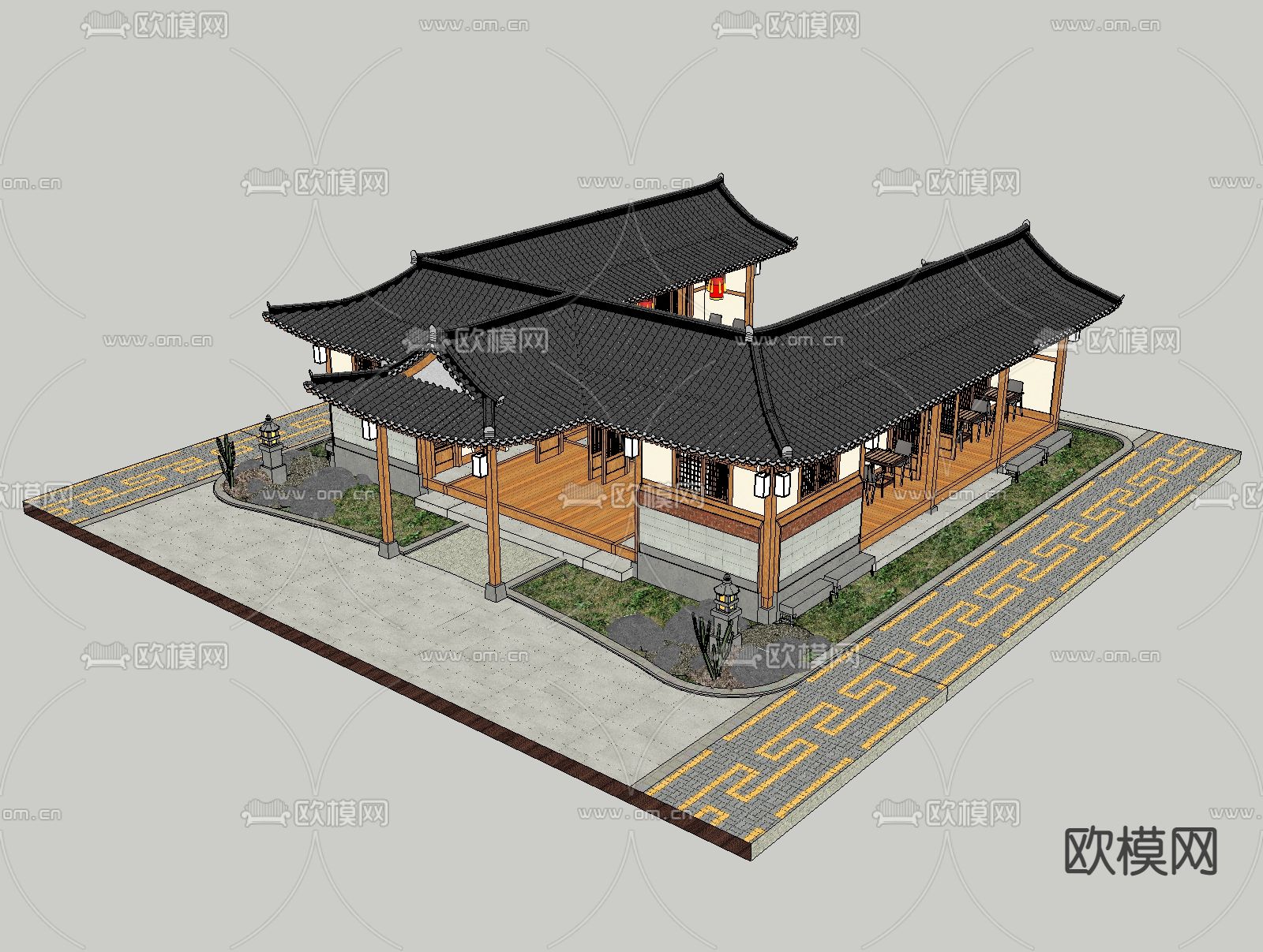 中式商业民宿外观su模型下载（渲染图4）