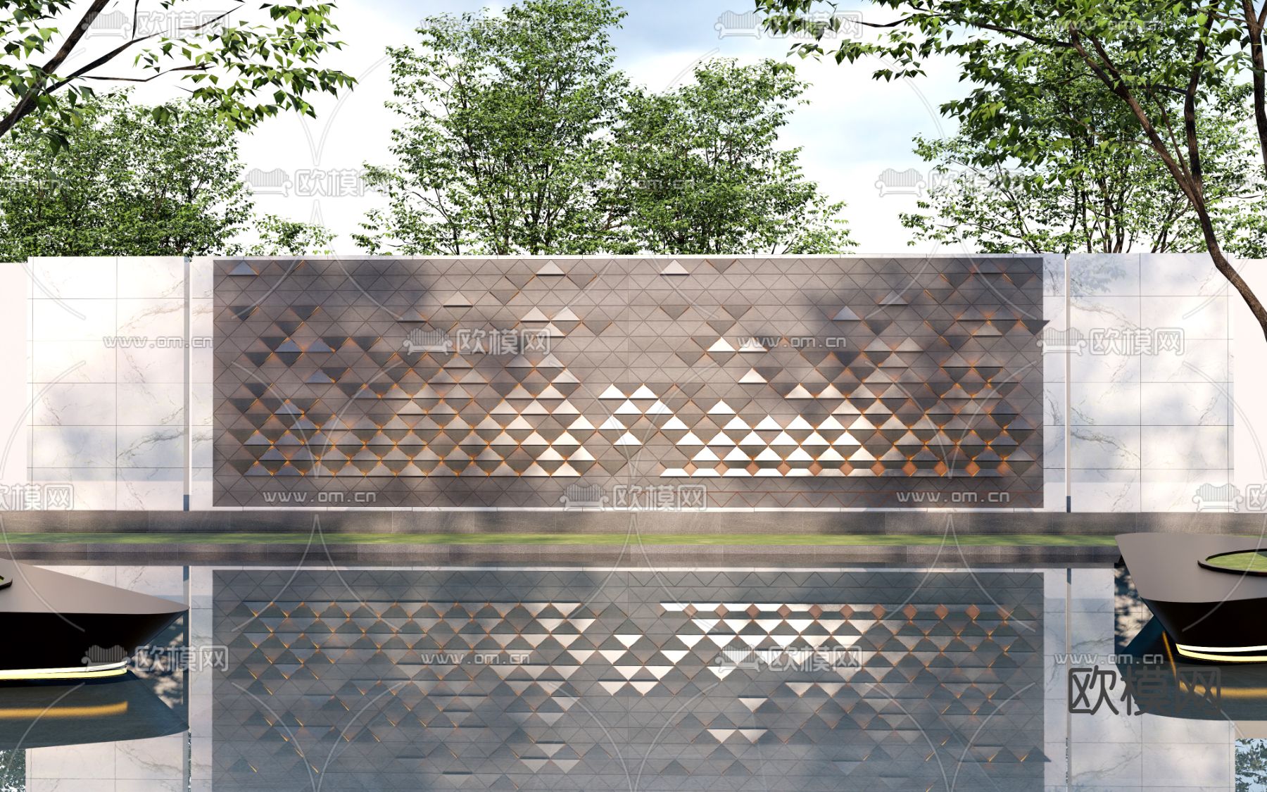 新中式户外景墙su模型下载（渲染图1）