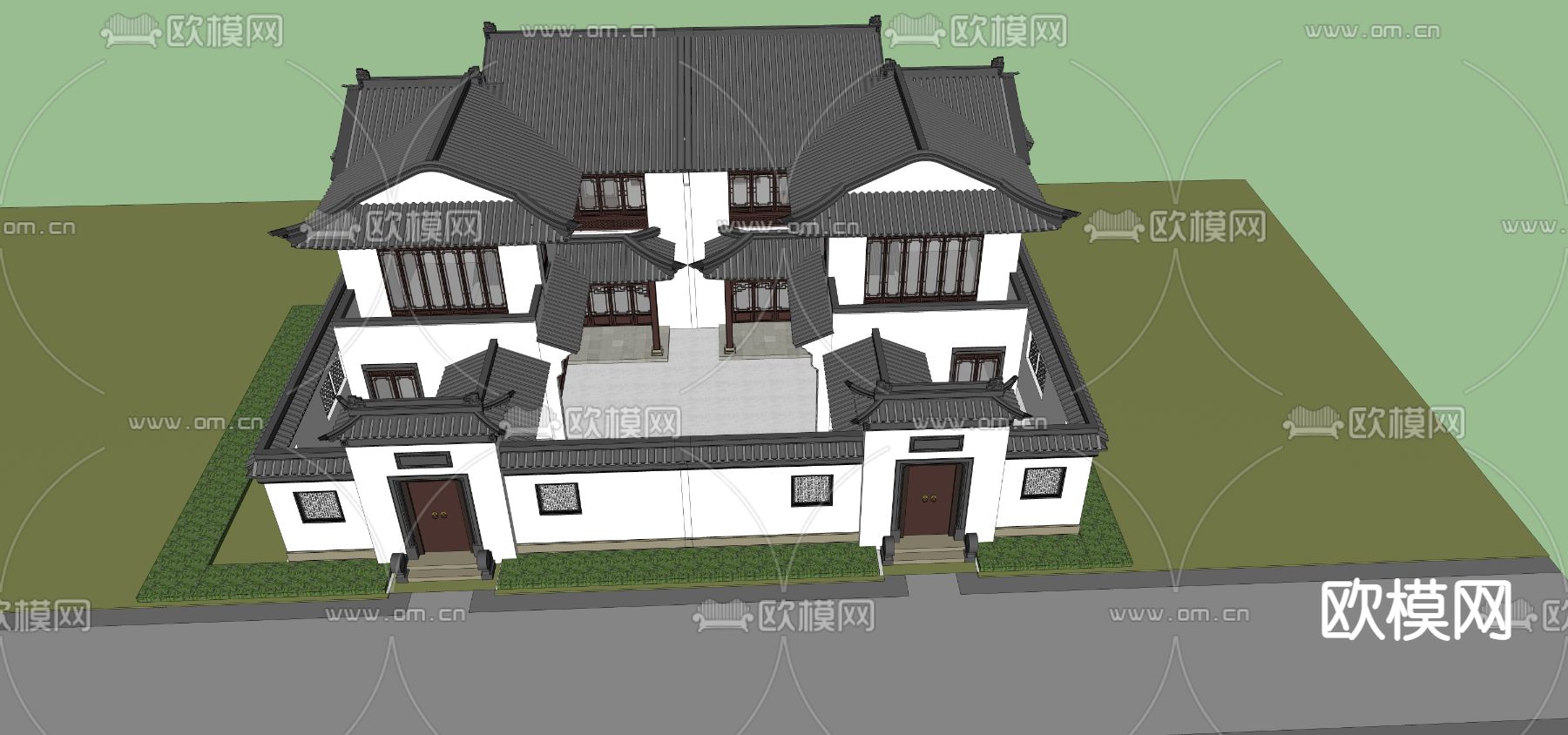 中式四合院别墅外观su模型下载（渲染图5）