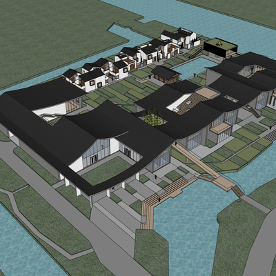  新中式民宿鸟瞰su模型 