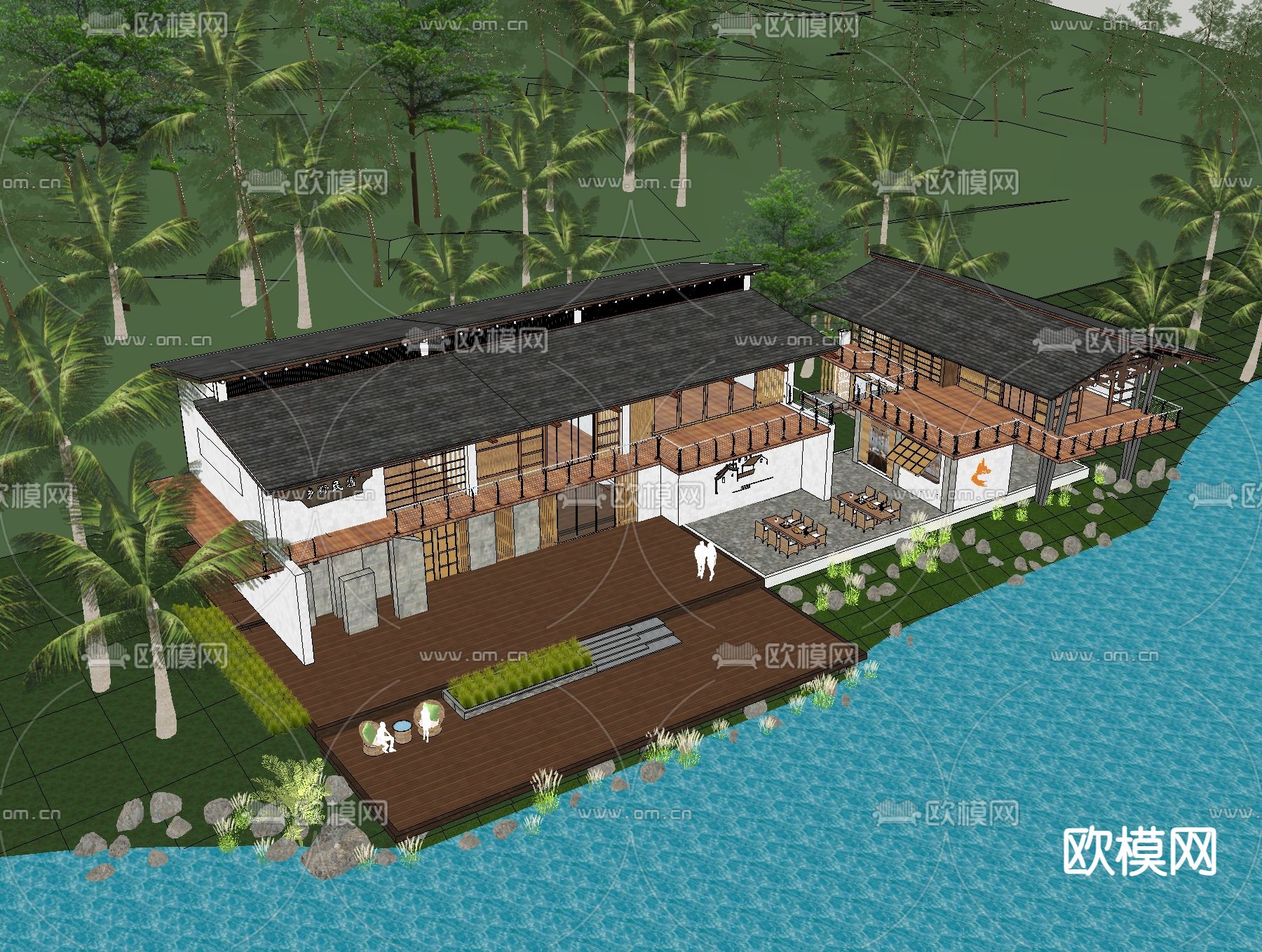 新中式民宿建筑外观su模型下载_ID12201623_sketchup模型下载-欧模网