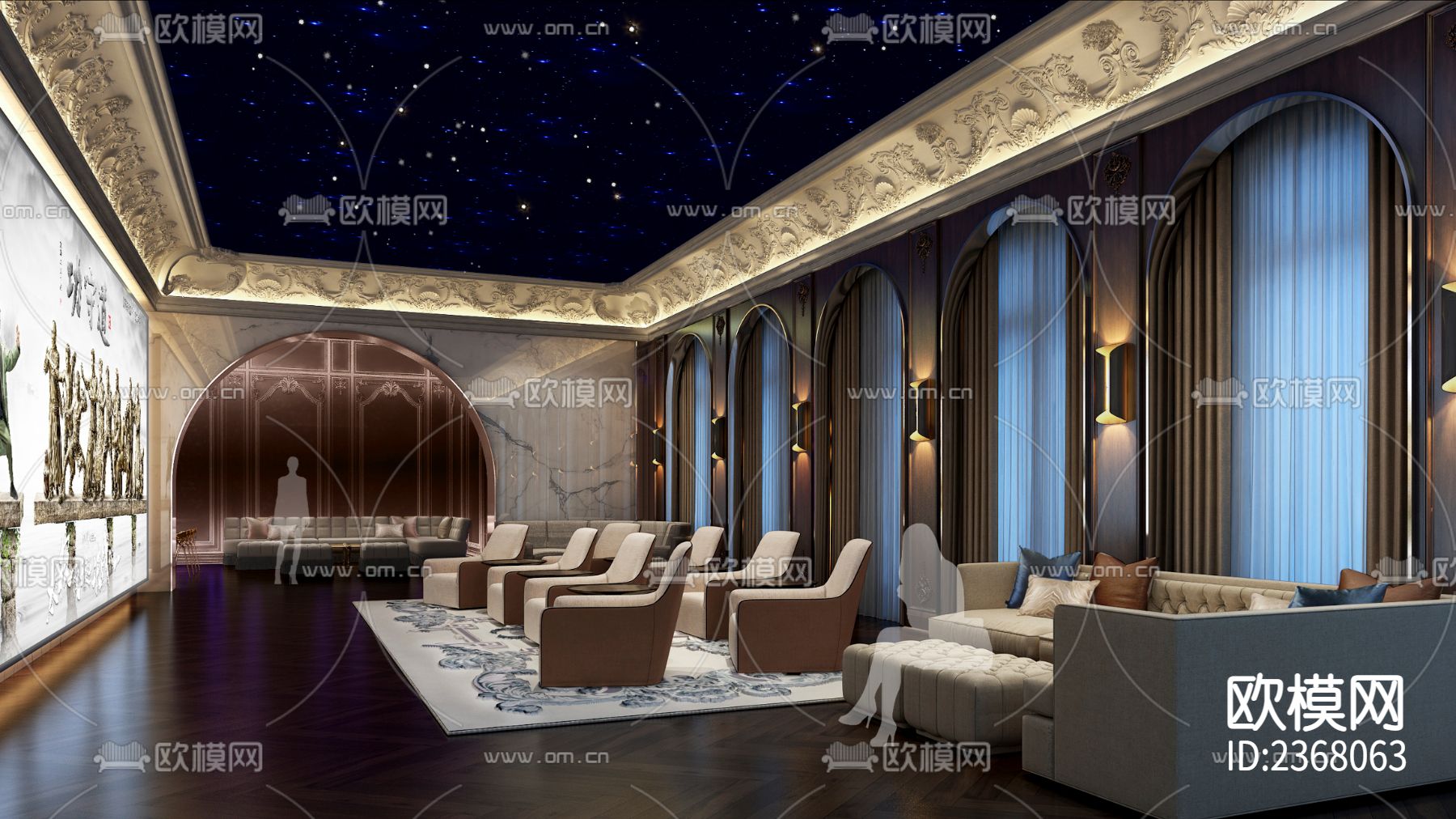 1200㎡阿里 办公会所cad施工图下载（渲染图3）