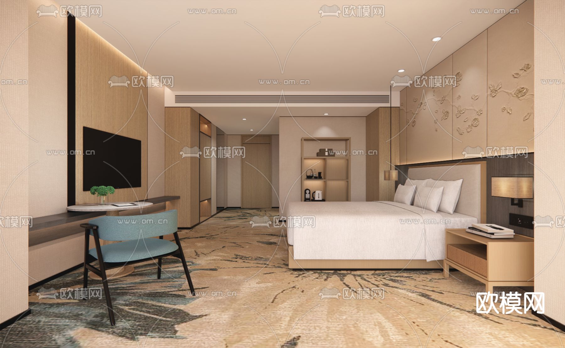 新中式酒店客房 大床房su模型下载（渲染图1）
