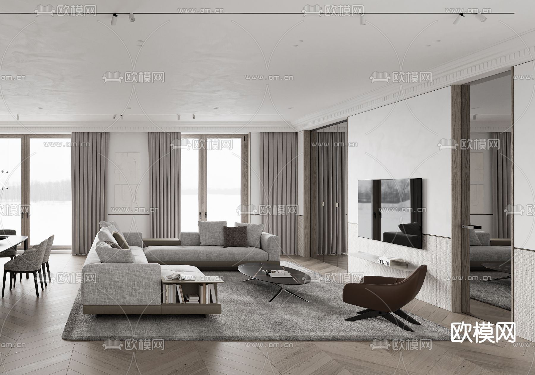 高级灰客厅餐厅3d模型下载（渲染图3）