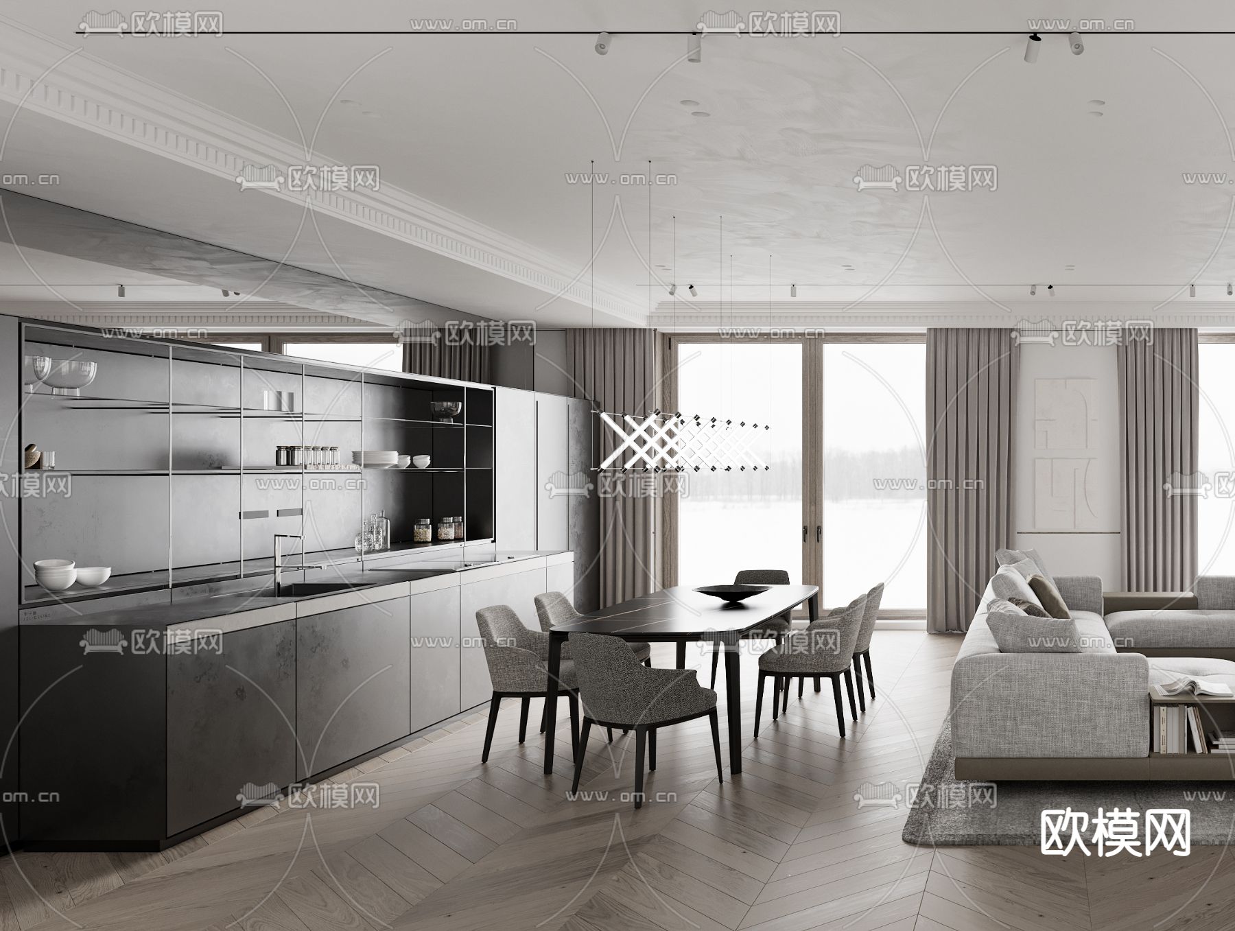 高级灰客厅餐厅3d模型下载（渲染图2）